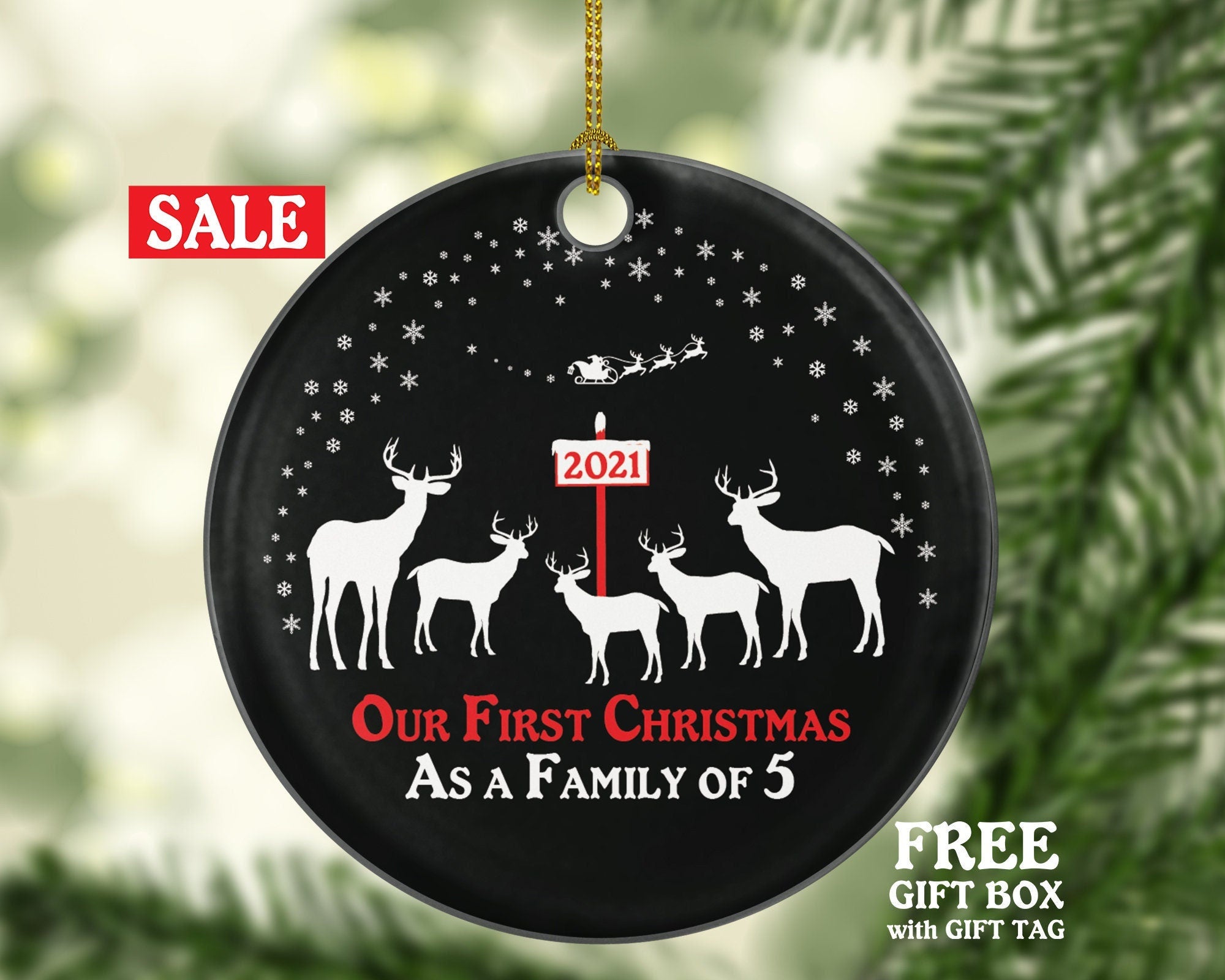 Our First Christmas As A Family Of 5 Five Ornament Deer Reindeer Kids Children Mom Dad New Mommy Daddy Baby Girl Boy Father Mother Newborn
