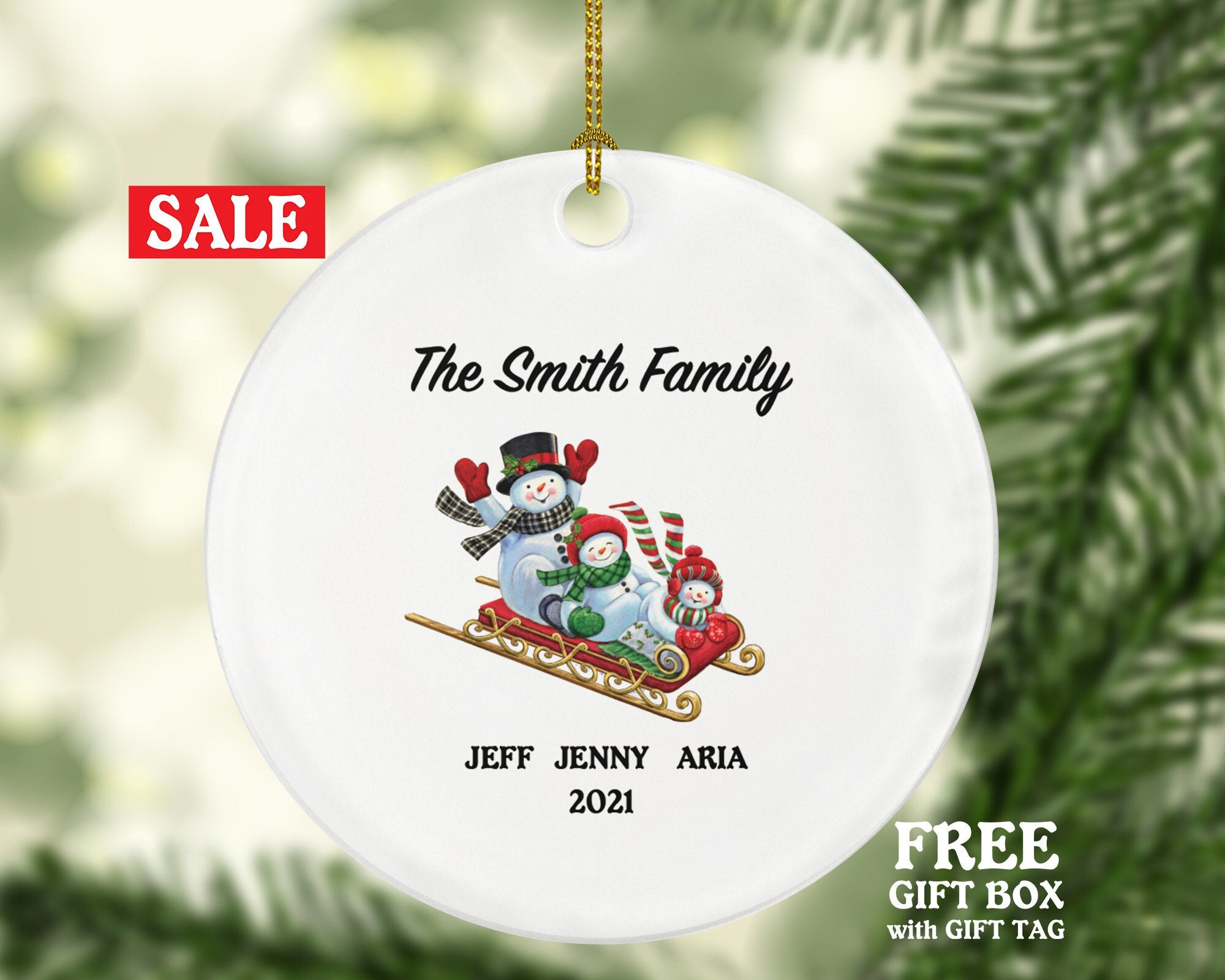 Family of 3 Christmas Ornament Personalized - Parents Mother Father Child Girl Boy Mom Dad Gift - Snowmen Family in Sleigh