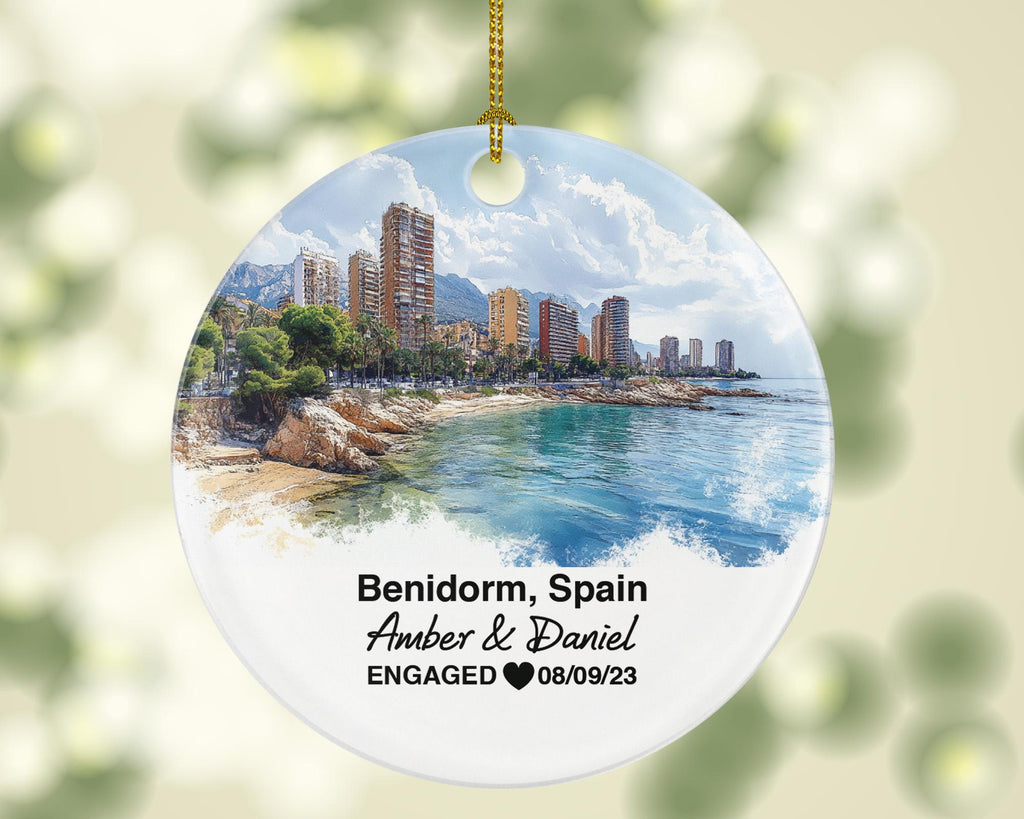 Benidorm Spain Round Ceramic Christmas Ornament – Personalized Holiday Keepsake, Custom Couple Gift for Wedding or Honeymoon