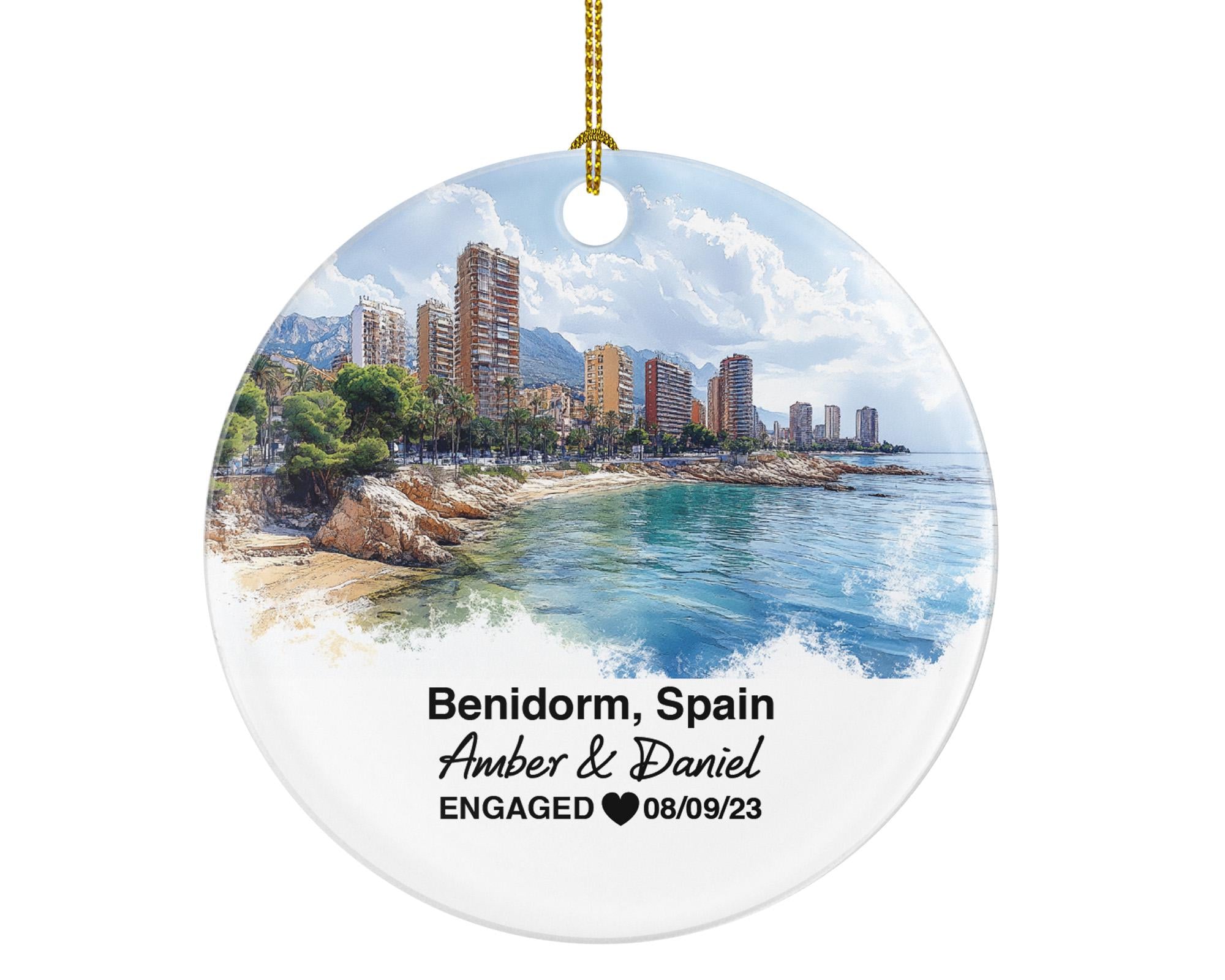 Benidorm Spain Round Ceramic Christmas Ornament – Personalized Holiday Keepsake, Custom Couple Gift for Wedding or Honeymoon