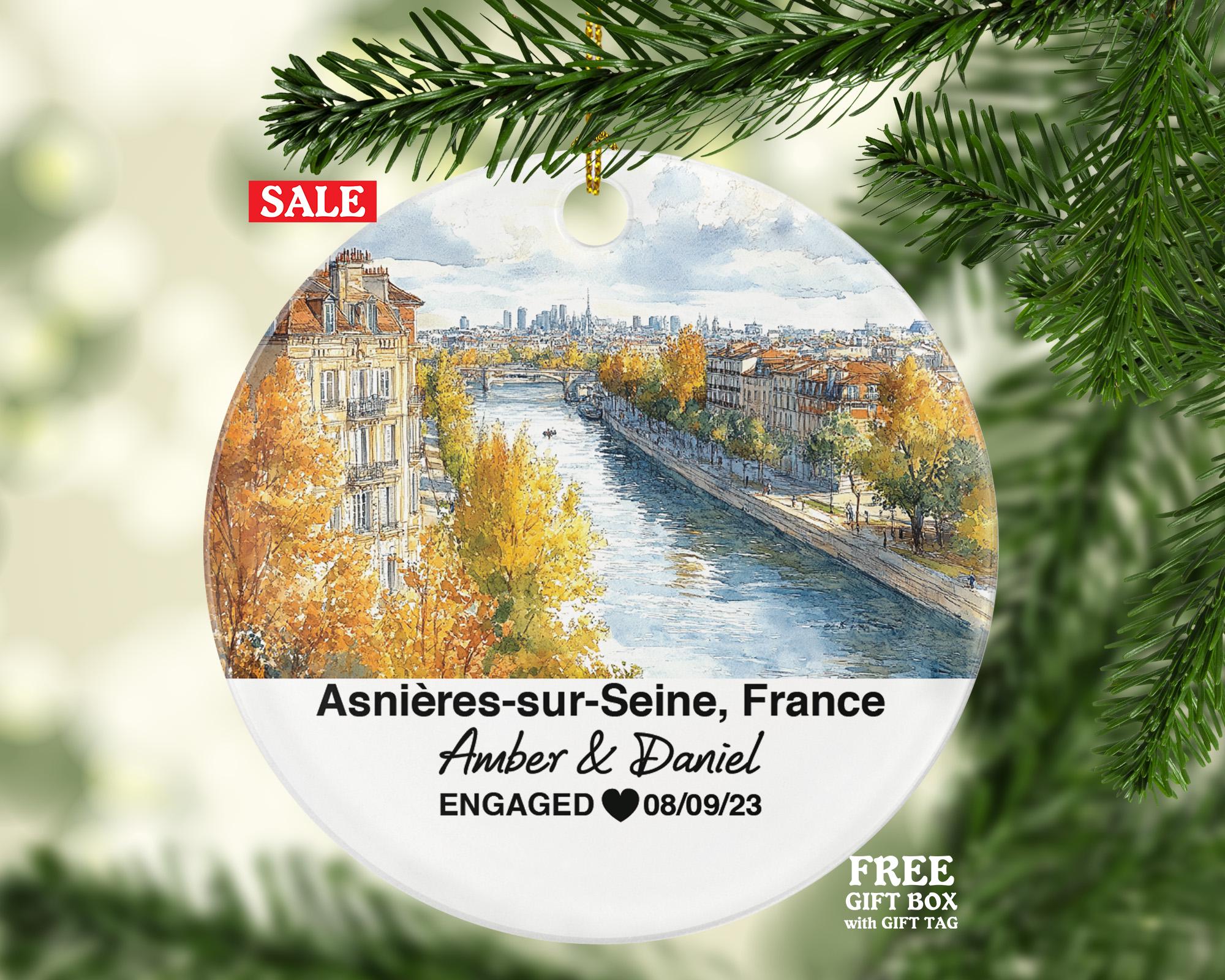 Personalized Asnieres-sur-Seine France Christmas Ornament, Seine River, Mr & Mrs Wedding, Engagement, or Honeymoon Keepsake for Couples