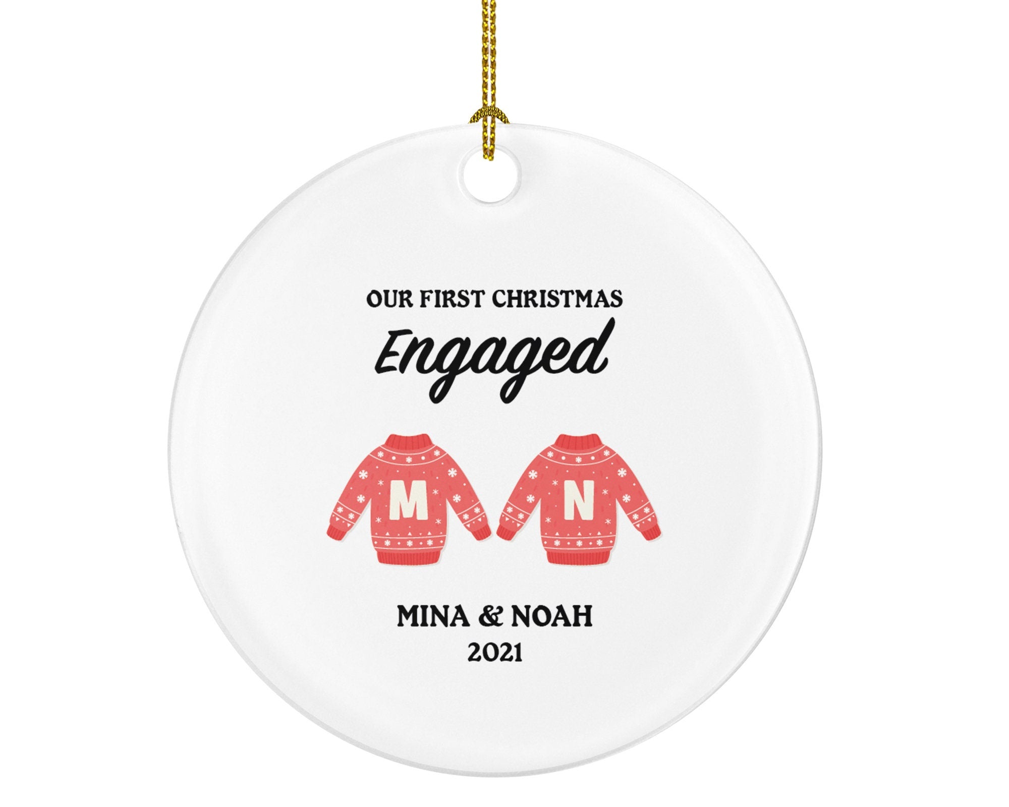 First Christmas Engaged Ornament - Personalized Engagement Announcement - Couple Sweater Gift - Our First Holiday Custom Date and Name