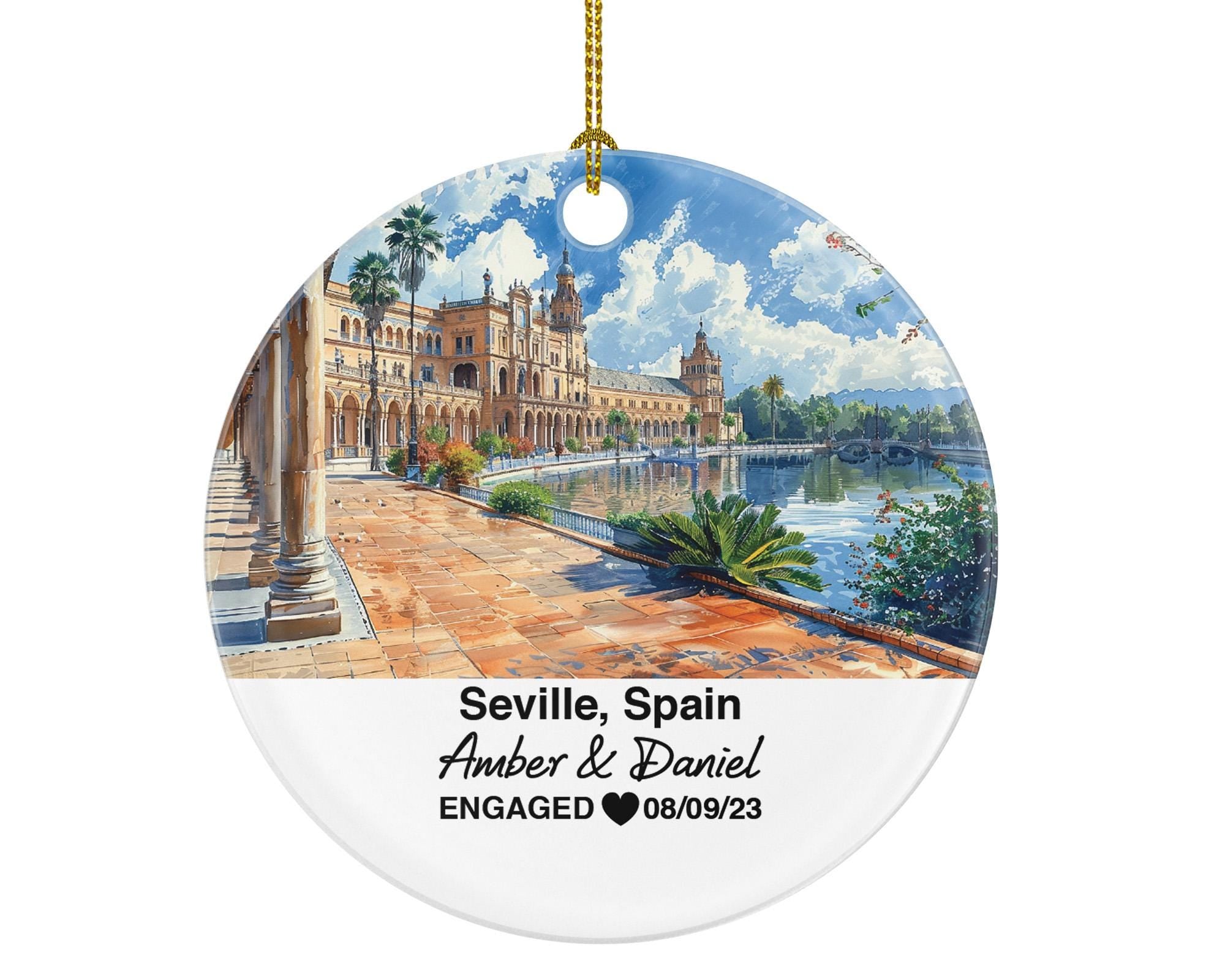 Seville Spain Round Ceramic Christmas Ornament – Personalized Holiday Keepsake, Custom Couple Gift for Wedding or Honeymoon