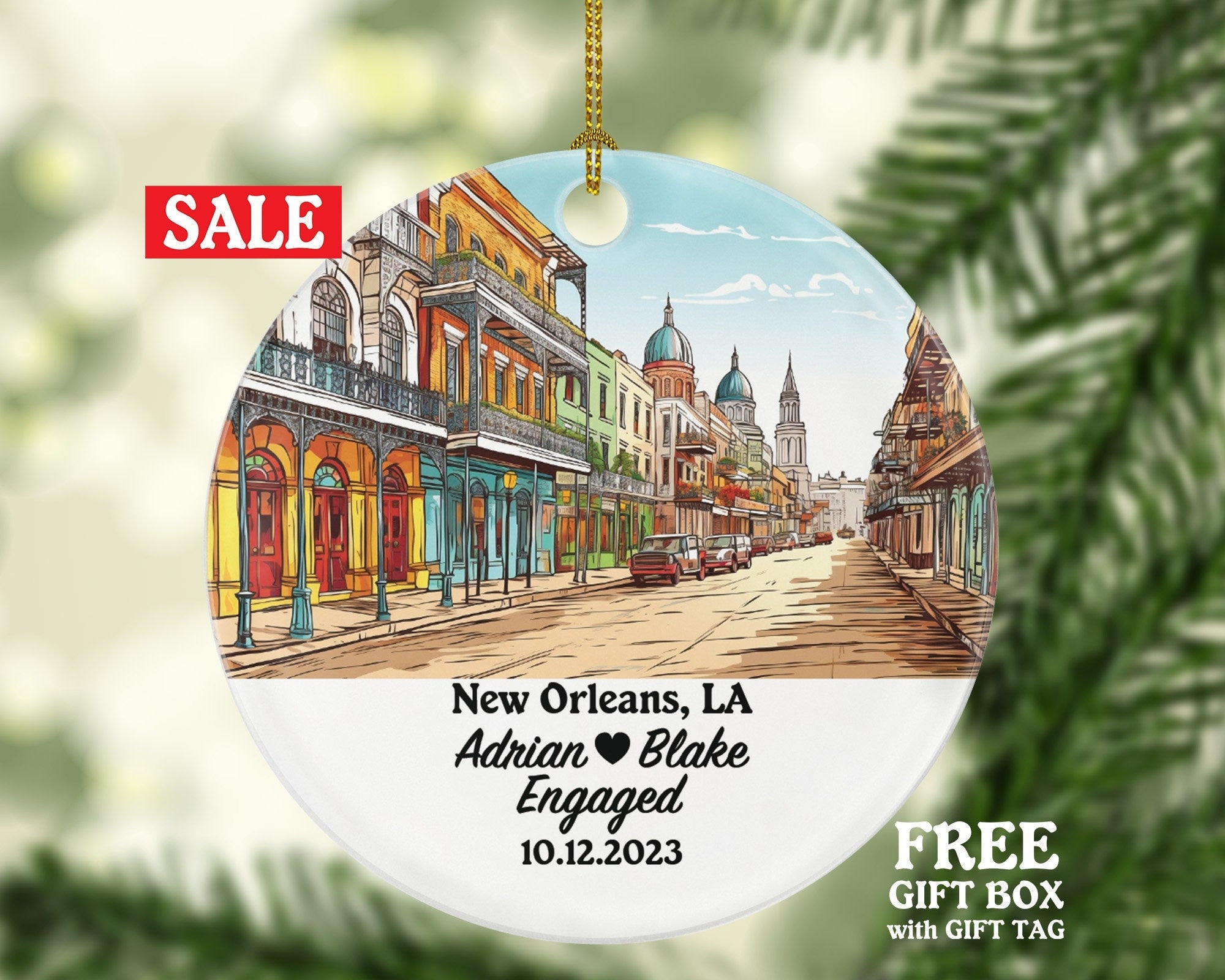 New Orleans Louisiana Christmas Ornament Personalized, LA Engaged Married Family Together Couple Travel Honeymoon Engagement Marriage