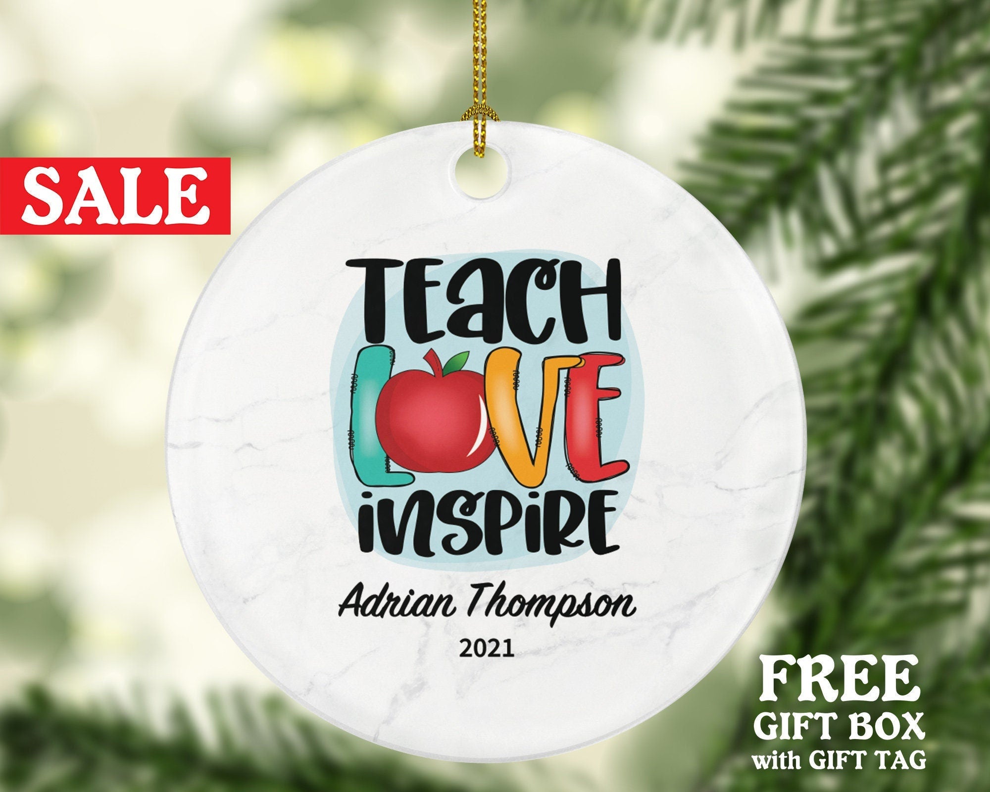 Teacher Ornament Personalized - Teach Love Inspire Teacher Custom Gift Apple from Student Appreciation Mr Mrs School Graduate Graduation