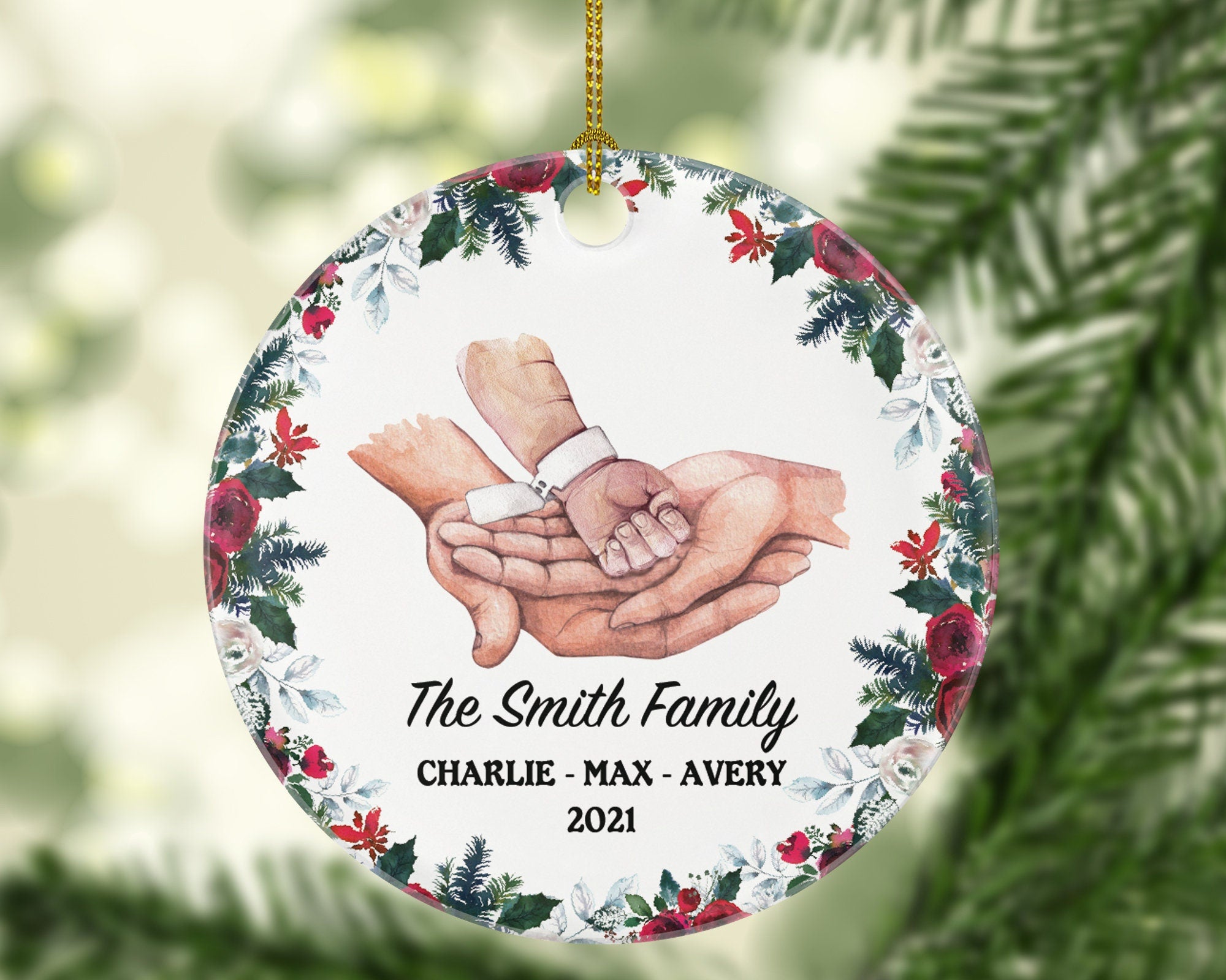 Newborn Infant Baby Family of 3 Christmas Ornament - Personalized Our First Ornament Custom Names for Three Gift for Family with Hands
