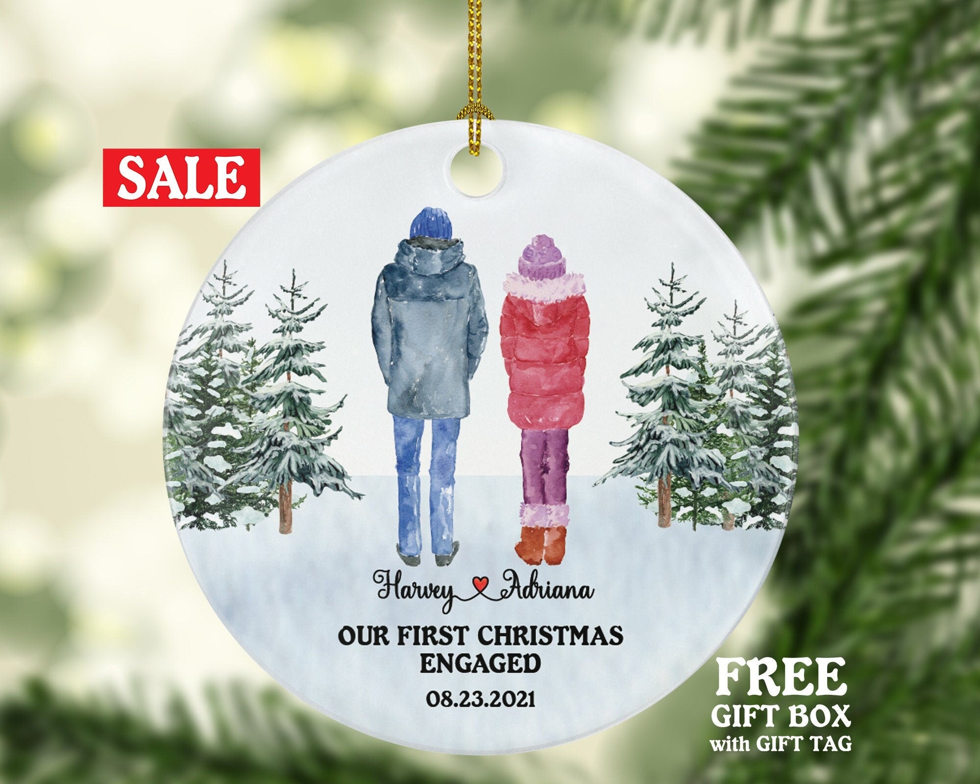 First Christmas Engaged Custom Ornament - Personalized Engagement Announcement Couple Gift - Custom Date Name - Future Husband Wife
