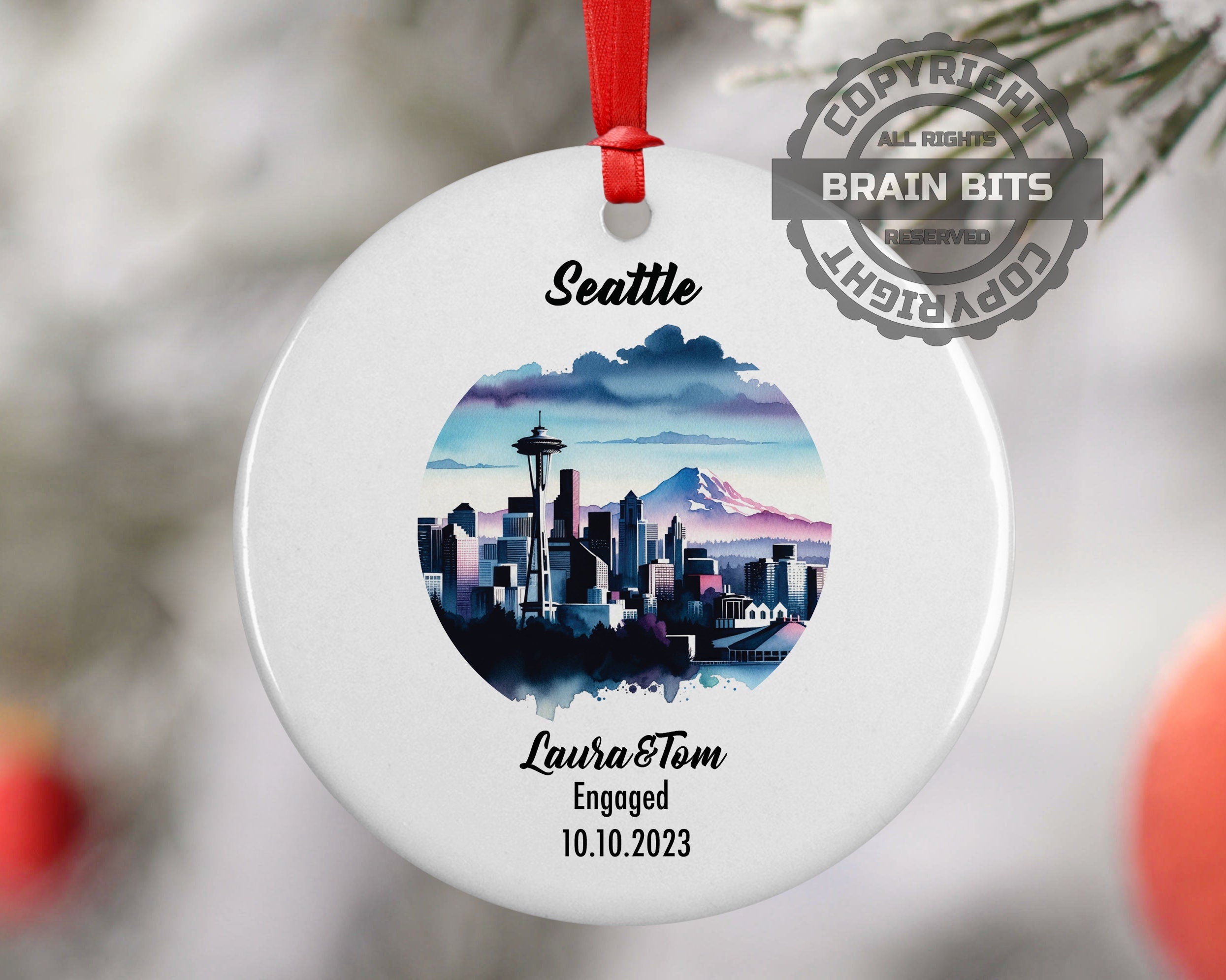 Seattle Ornament, Engagement, Married, Travel, Gift for Engaged Couple, Engagement Gift, Trip, Vacation Souvenir