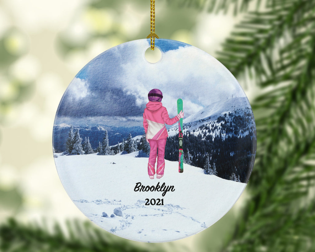 Skiing Christmas Ornaments Downhill Skier, Female Girl Ski Trip Vacation, Winter Sports Ornament Personalized Gift Sports Hobby Occupation