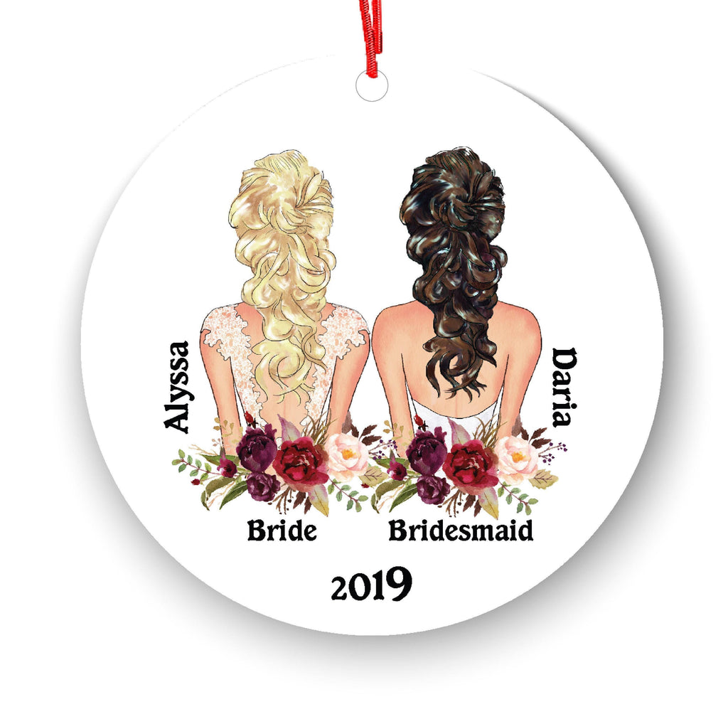 Bride and Bridesmaid Ornament: Personalized Wedding Keepsake (With Ribbon Box)