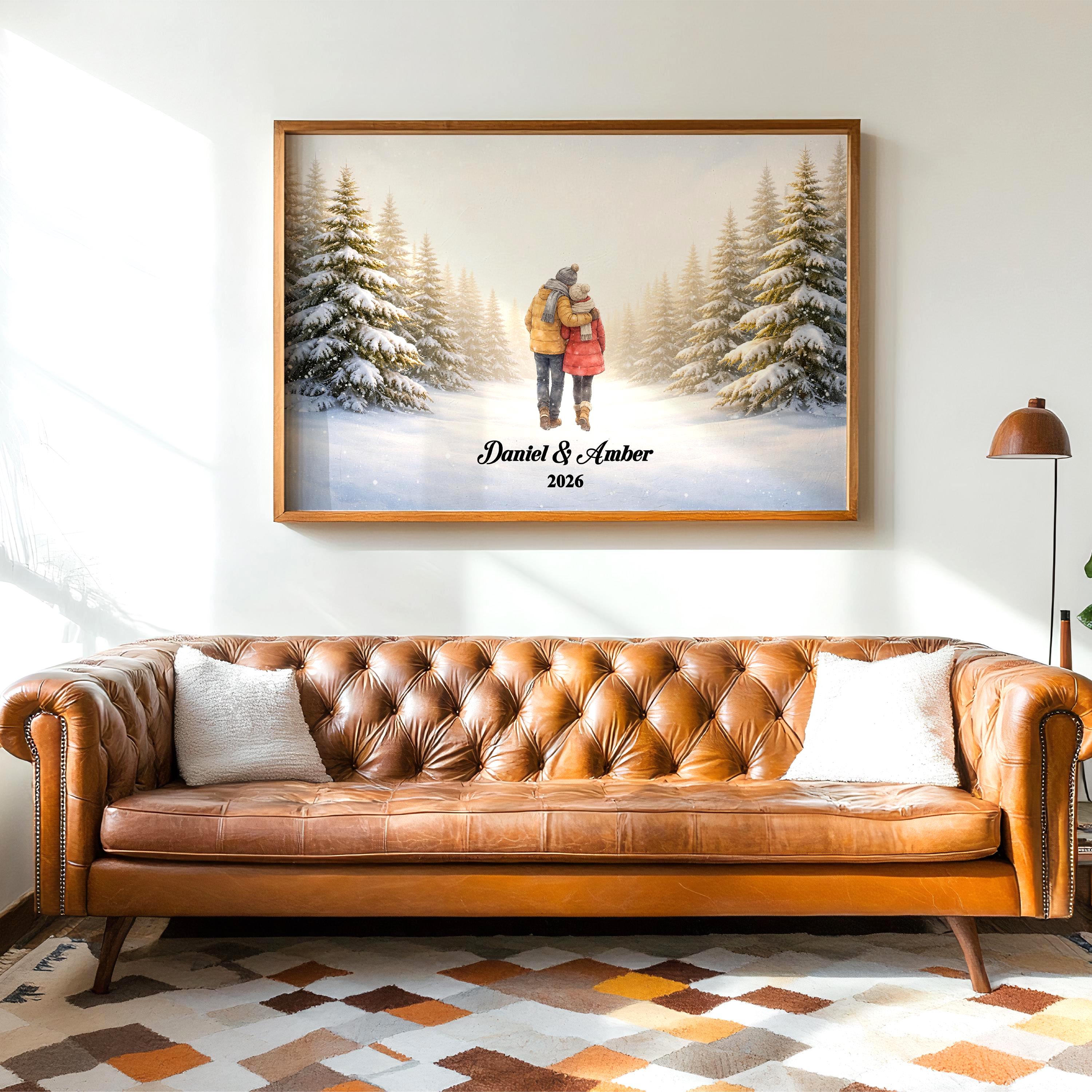 Custom Couple in Snow Wall Art | Winter Scene Print for Engaged, Married, Mr & Mrs, Anniversary | Aluminum Metal Print