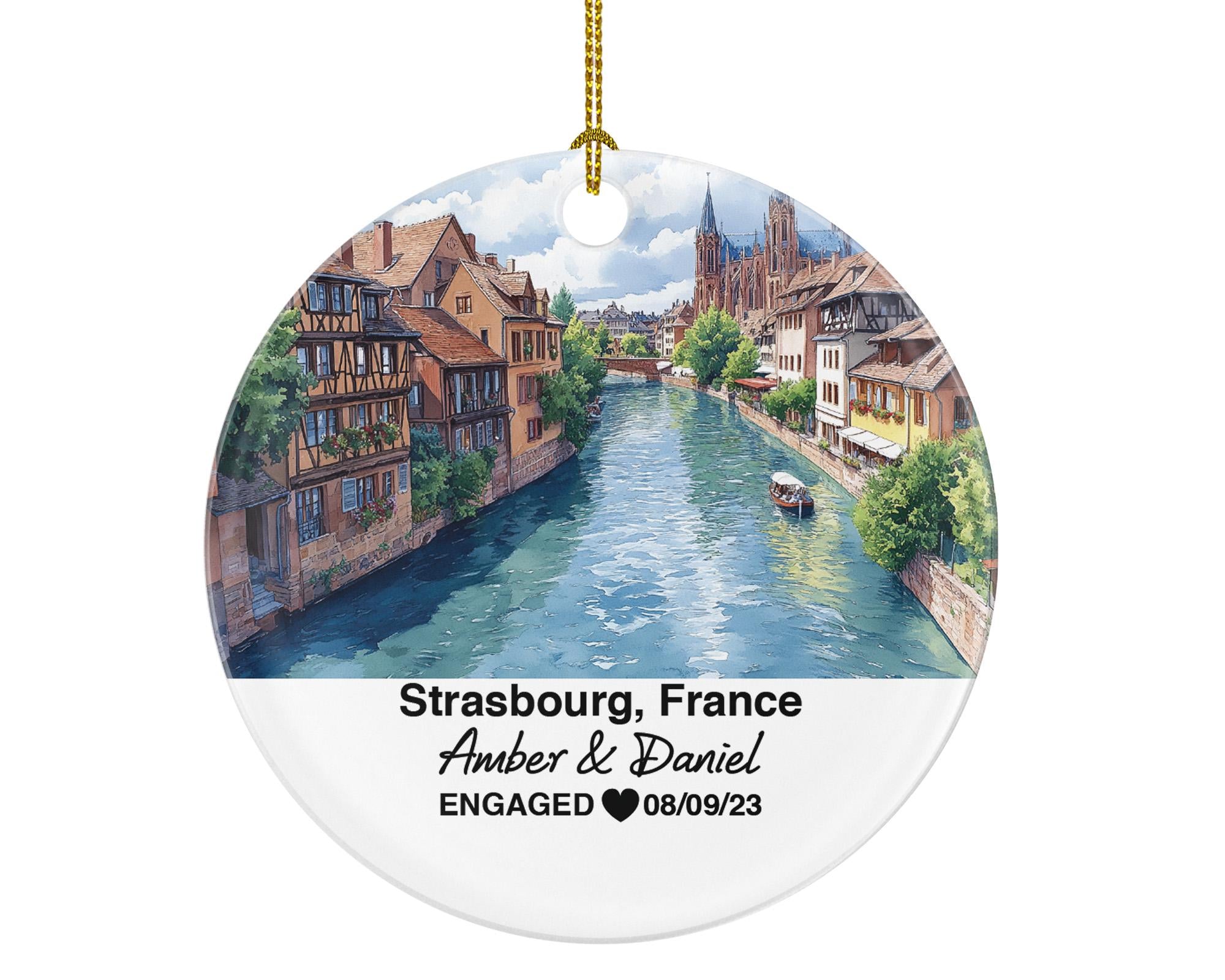 Personalized Strasbourg France Round Ceramic Christmas Ornament – Personalized Holiday Keepsake, Custom Couple Gift for Wedding or Honeymoon