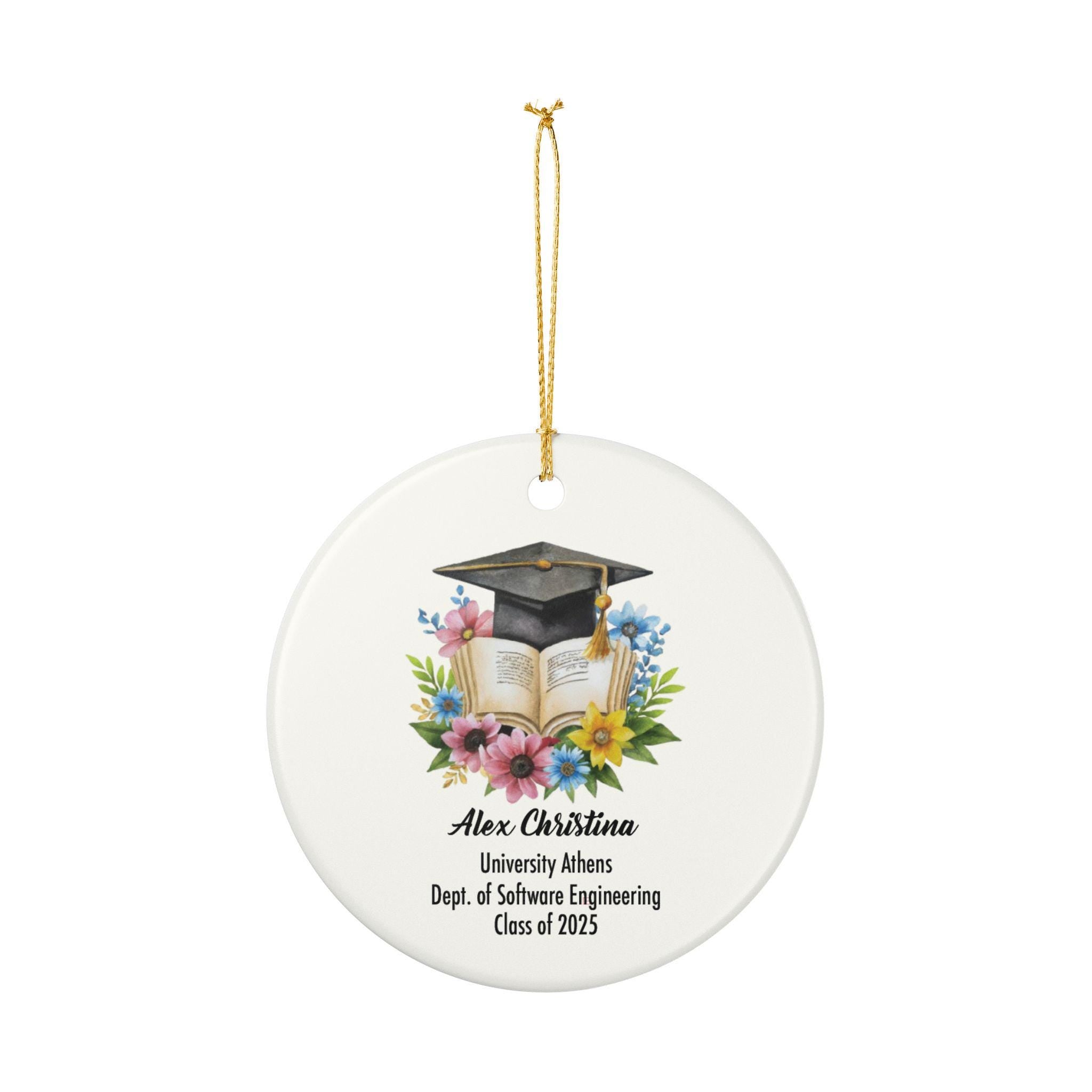 Graduation Ornament 2025 Personalized Grad Gift Custom Name University Keepsake Ceramic Ornament Cap and Flowers