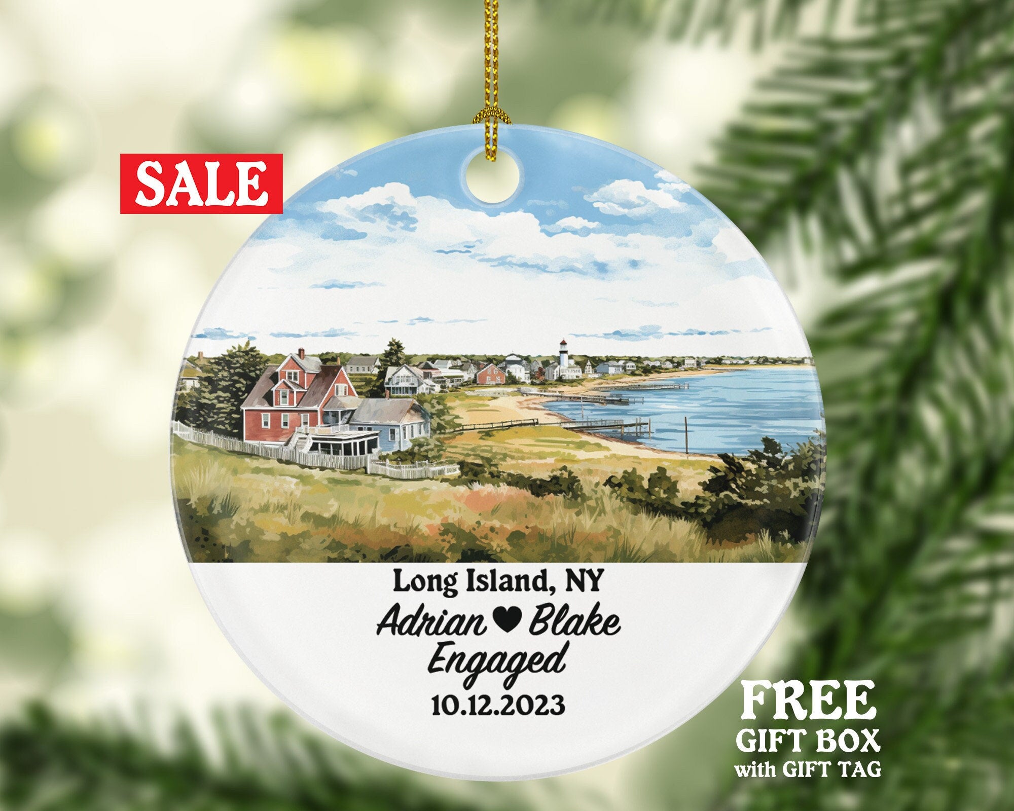 Long Island New York Christmas Ornament Personalized, NY Engaged Married Family Together Couple Travel Honeymoon Wedding Engagement Marriage