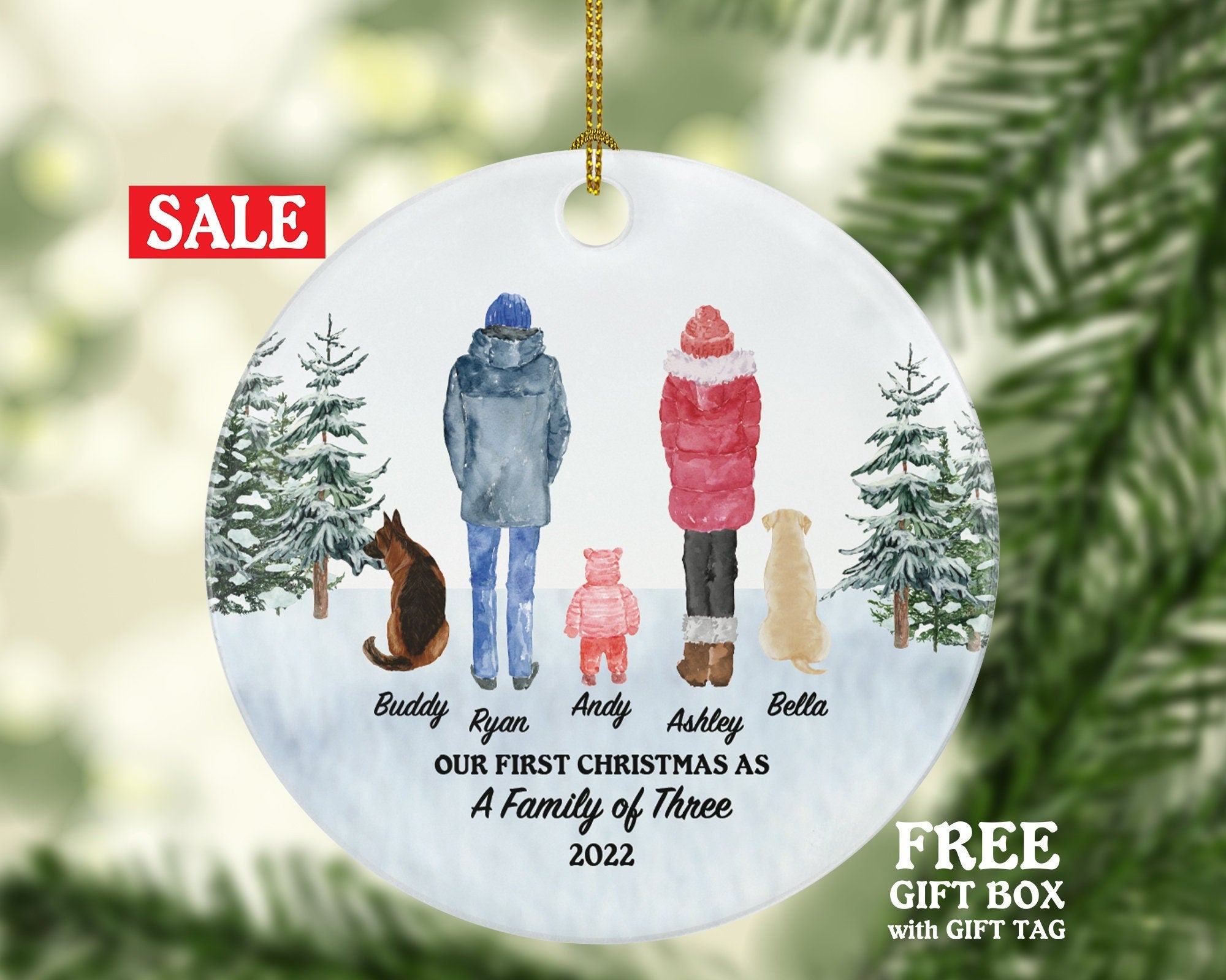 Family of 3 with Baby Girl Boy and Dog Cat Pet Personalized Christmas Ornament Custom Fur New Mom Dad Gift Lover Owner Holiday Rescue Breeds