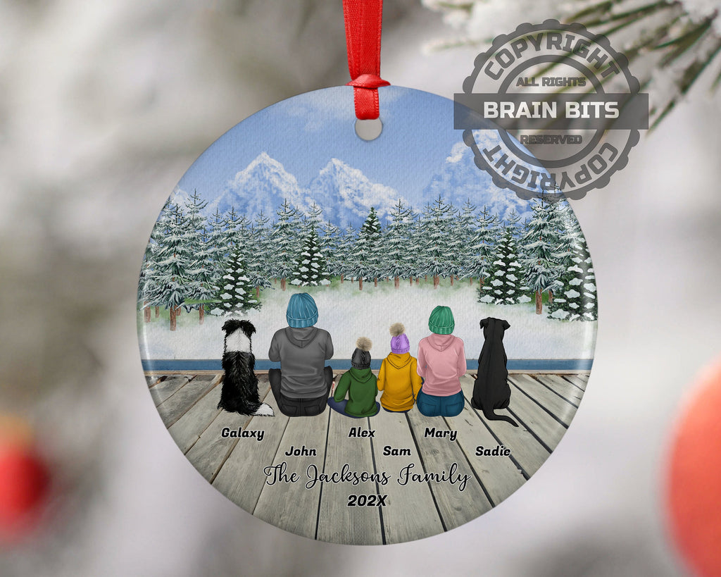 Personalized Family Christmas Ornament with Pet Custom Ceramic Keepsake for Couples Dog Cat Owners Holiday Gift Winter Scene
