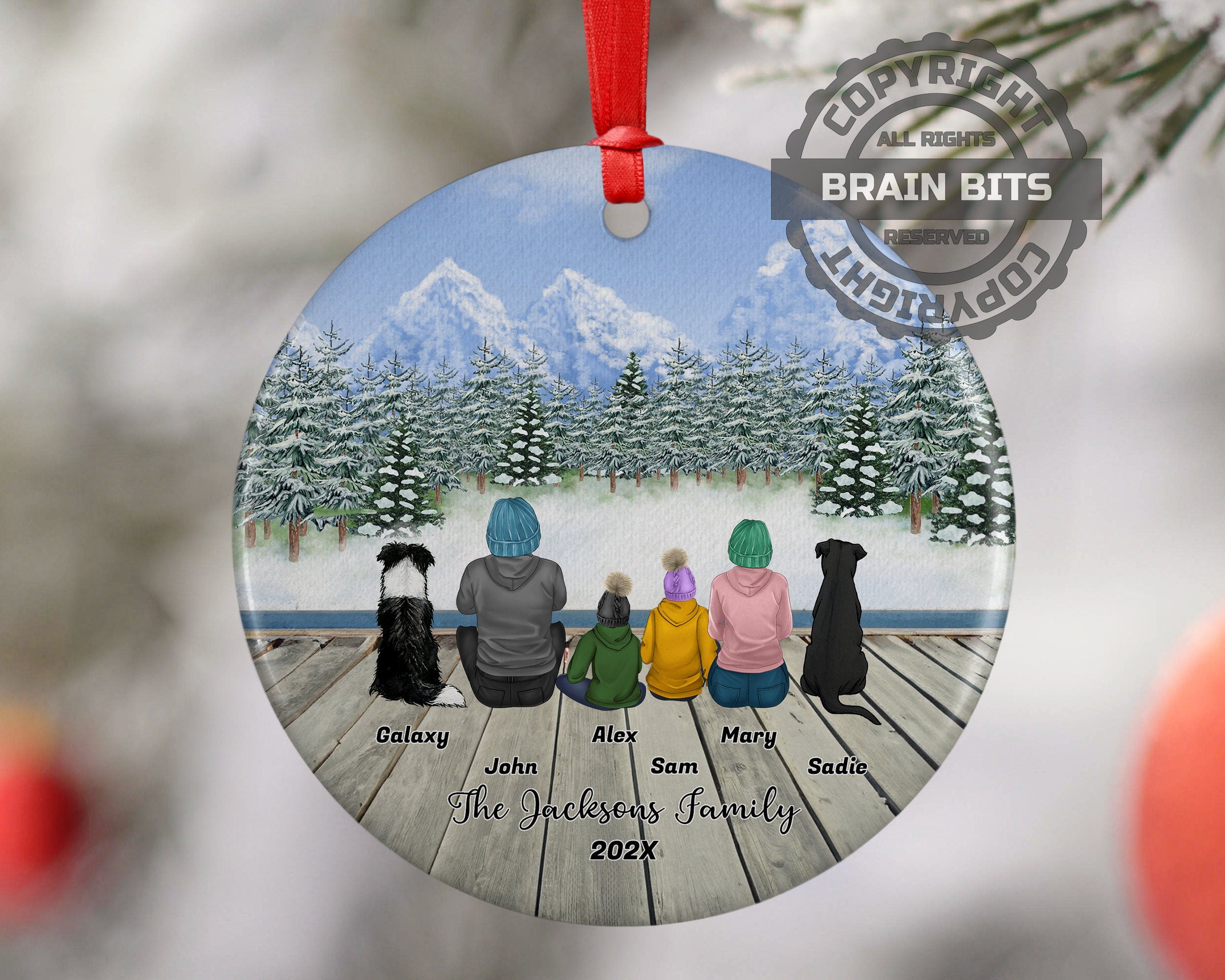Personalized Family Christmas Ornament with Pet Custom Ceramic Keepsake for Couples Dog Cat Owners Holiday Gift Winter Scene