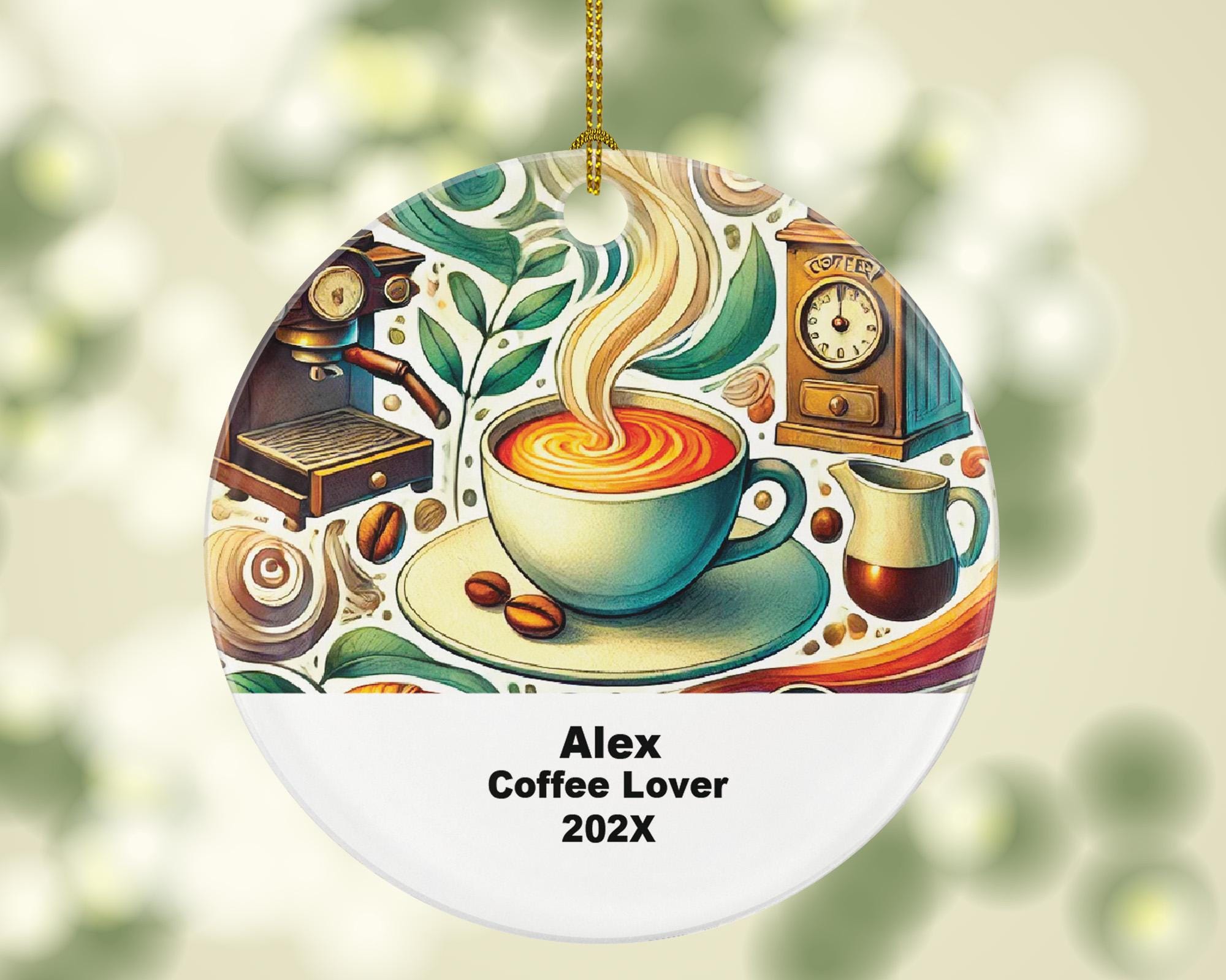 Personalized Coffee Lover Ornament – Custom Barista Gift – Coffee Shop Ornament with Name and Year