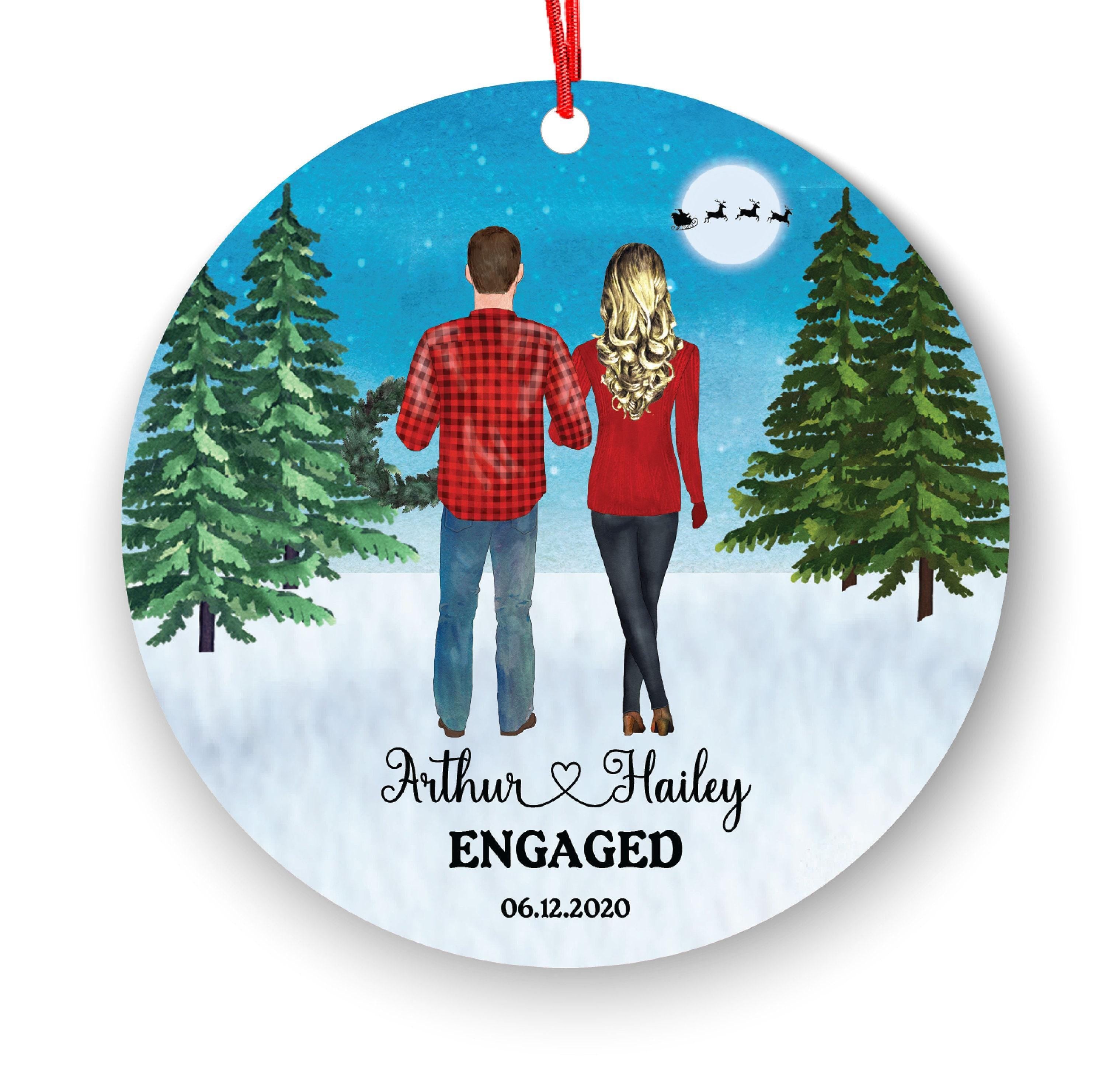 Engagement Christmas Ornament: Custom Names and Date - Ceramic with Ribbon
