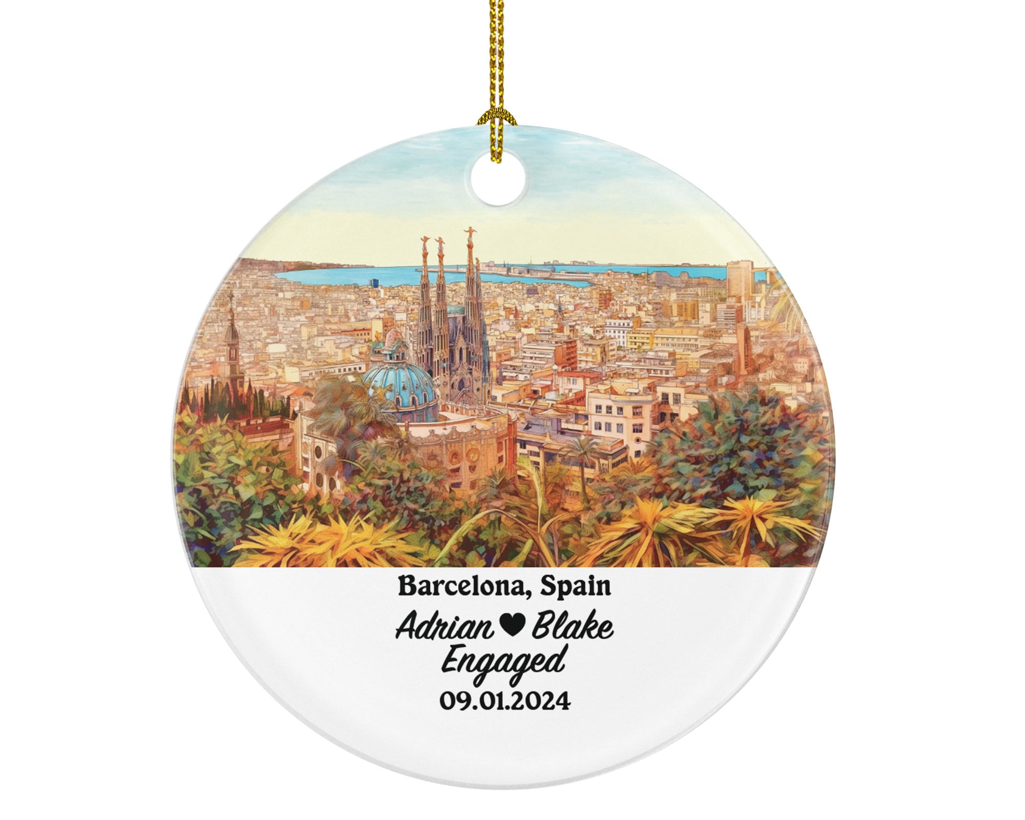 Barcelona Christmas Ornament Personalized - Spain Engaged Married Family Together Couple Travel Honeymoon Engagement Marriage