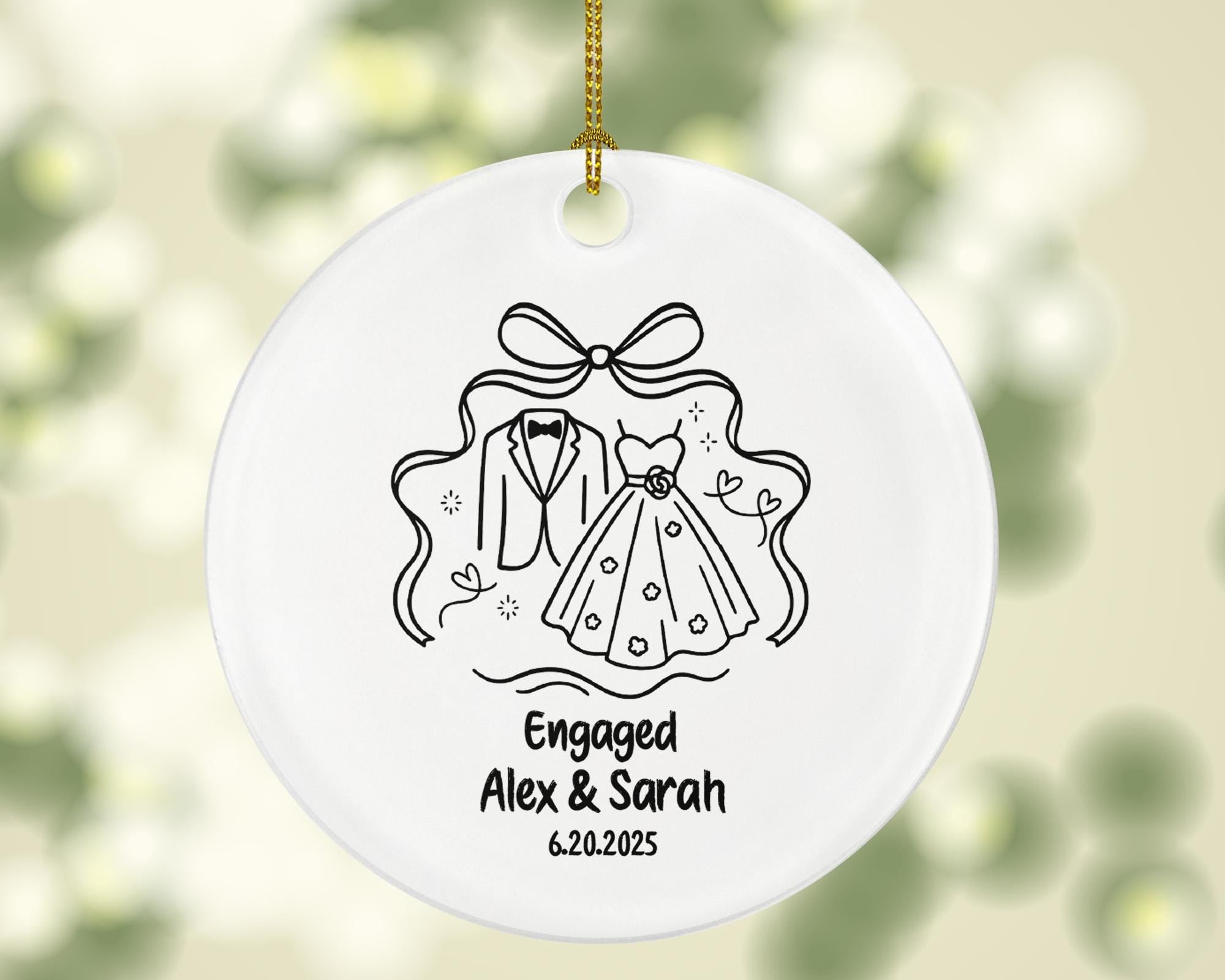 Minimalist Line Art Engagement Ornament – Bride Dress & Groom Tuxedo Design – Custom Engaged Couple Keepsake Gift