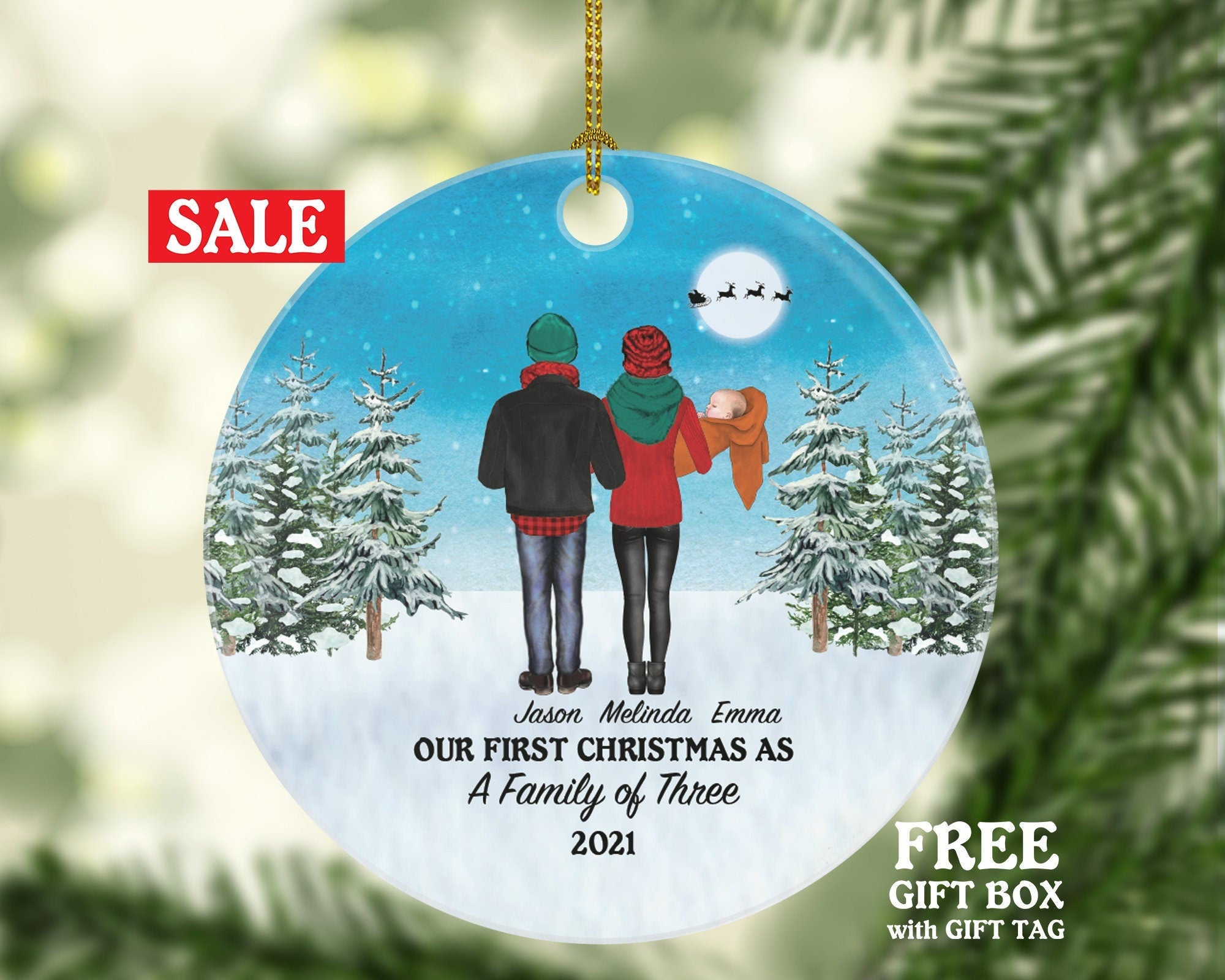 Our First Christmas as a Family of 3 Ornament - Infant Newborn Baby Girl Boy Parents Mother Father Mom Dad Gift Winter