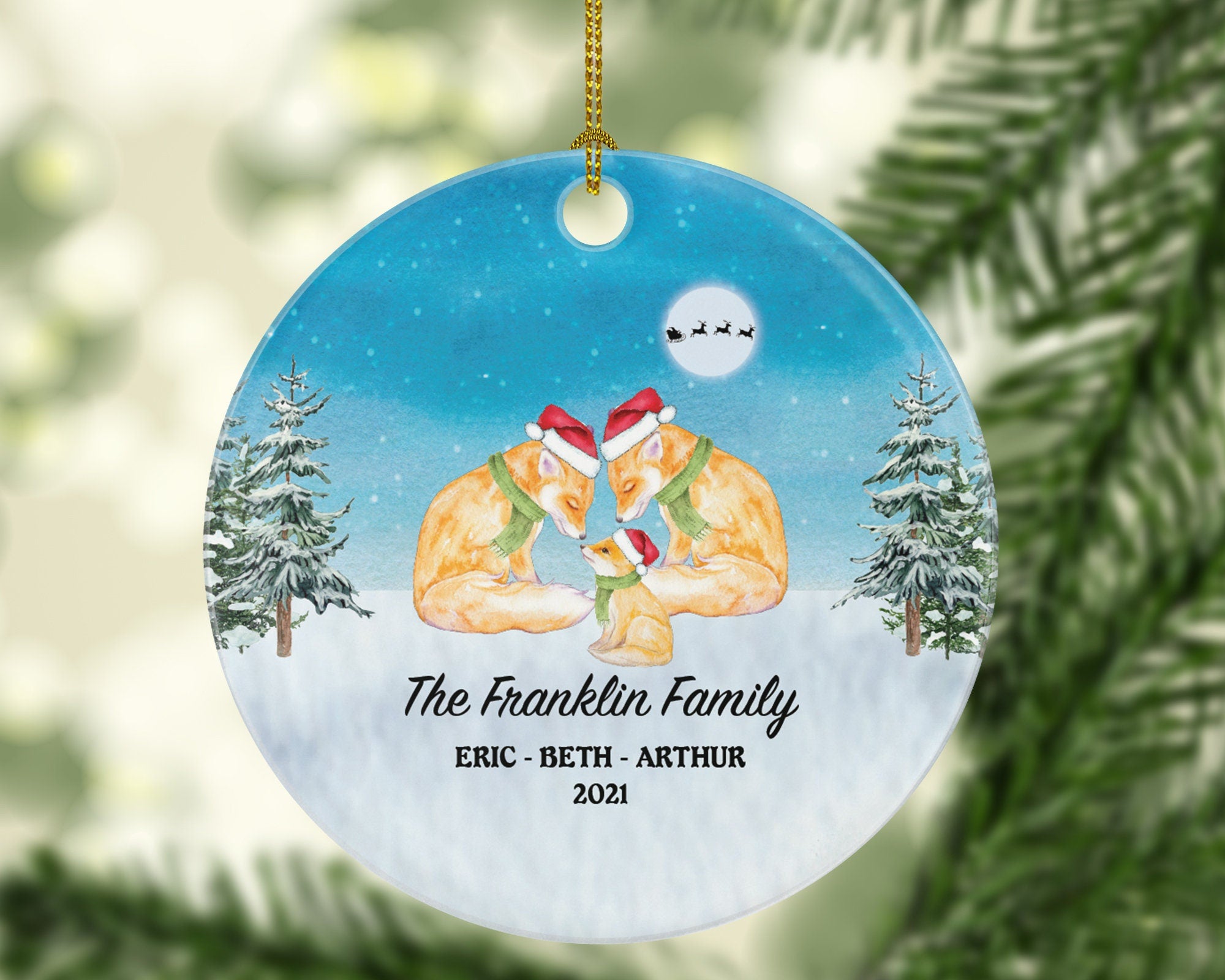 Personalized Family of 3 Christmas Ornaments Fox Foxes Family Custom Names Watercolor Family of Three First Ornament Gift for with Kids Xmas