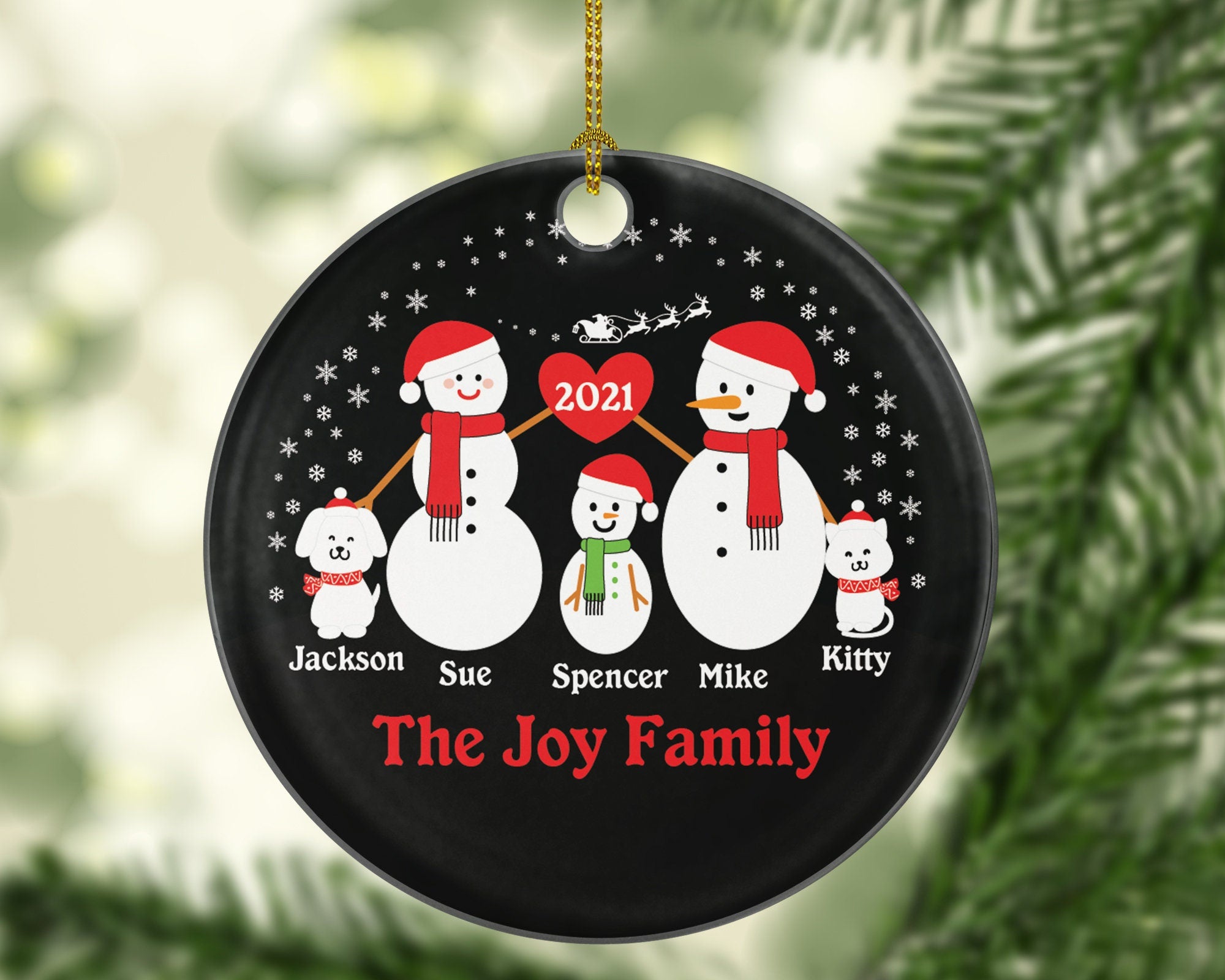 Personalized Family of 3 Ornaments with Dog and Cat Pet, Personalized Christmas Ornament, 3 snowmen, Snowman Family Ornament, Family of 3