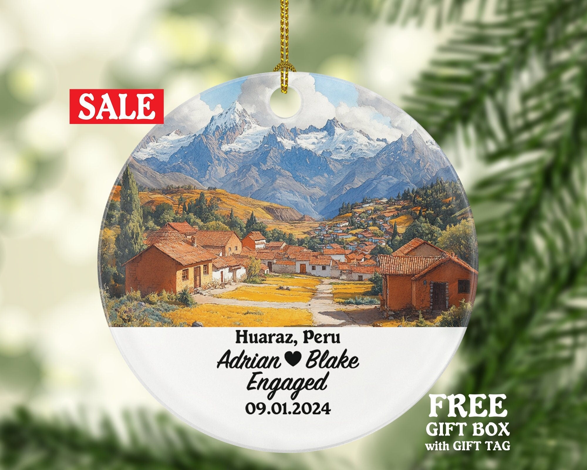 Huaraz Christmas Ornament Personalized - Peru Engaged Married Family Together Couple Travel Honeymoon Engagement Marriage