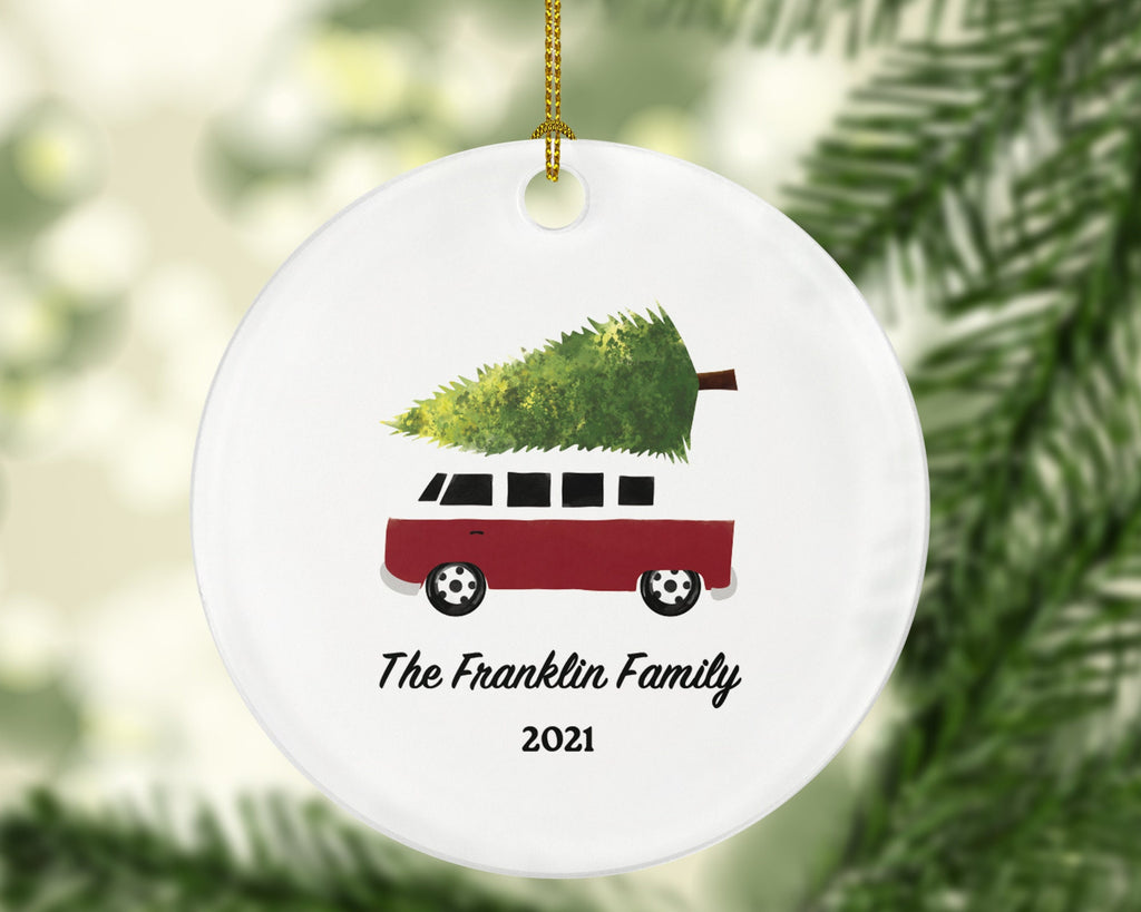 Camping Vehicle with tree RV Camper Family Christmas Ornament - Personalized Vacation Red Recreational Gift Vintage