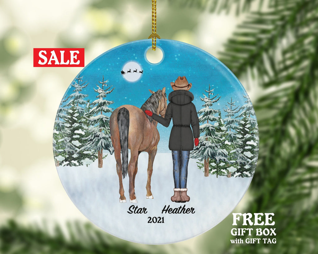 Horse and Female Rider Christmas Ornament Personalized | Riding a Horse Lover Gift Girl Female on a Horse Custom Names