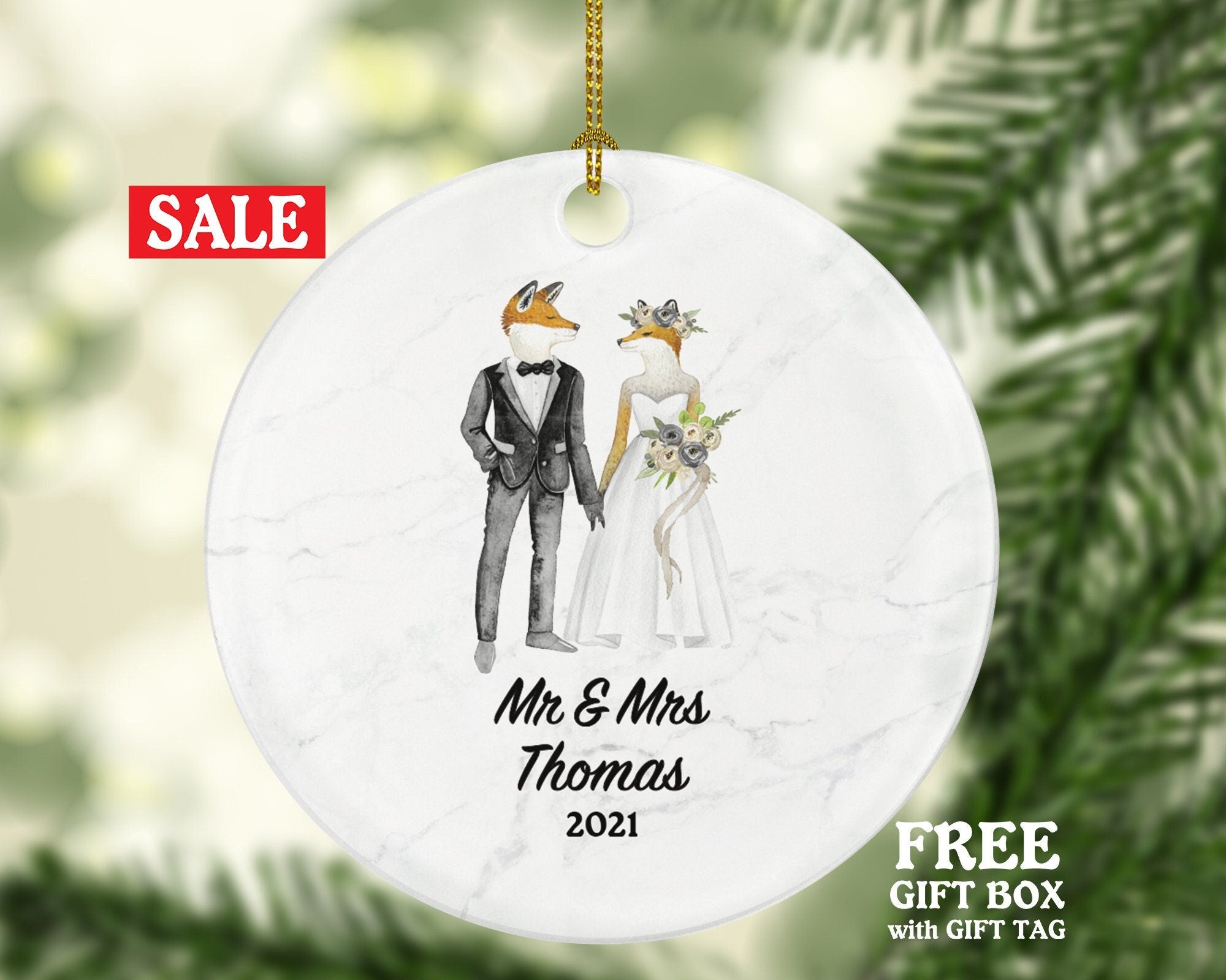 Mr & Mrs Married Couple Christmas Ornament Personalized - Fox Bride and Groom Newlywed Our First Christmas Gift