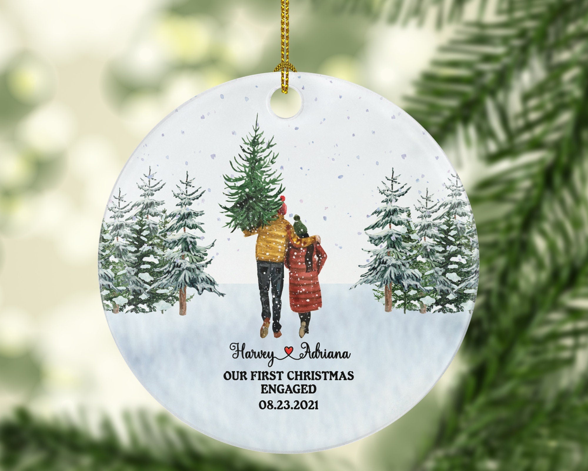 First Christmas Engaged Personalized Ornament - Engagement Announcement Couple Gift - Winter Couple in Snow