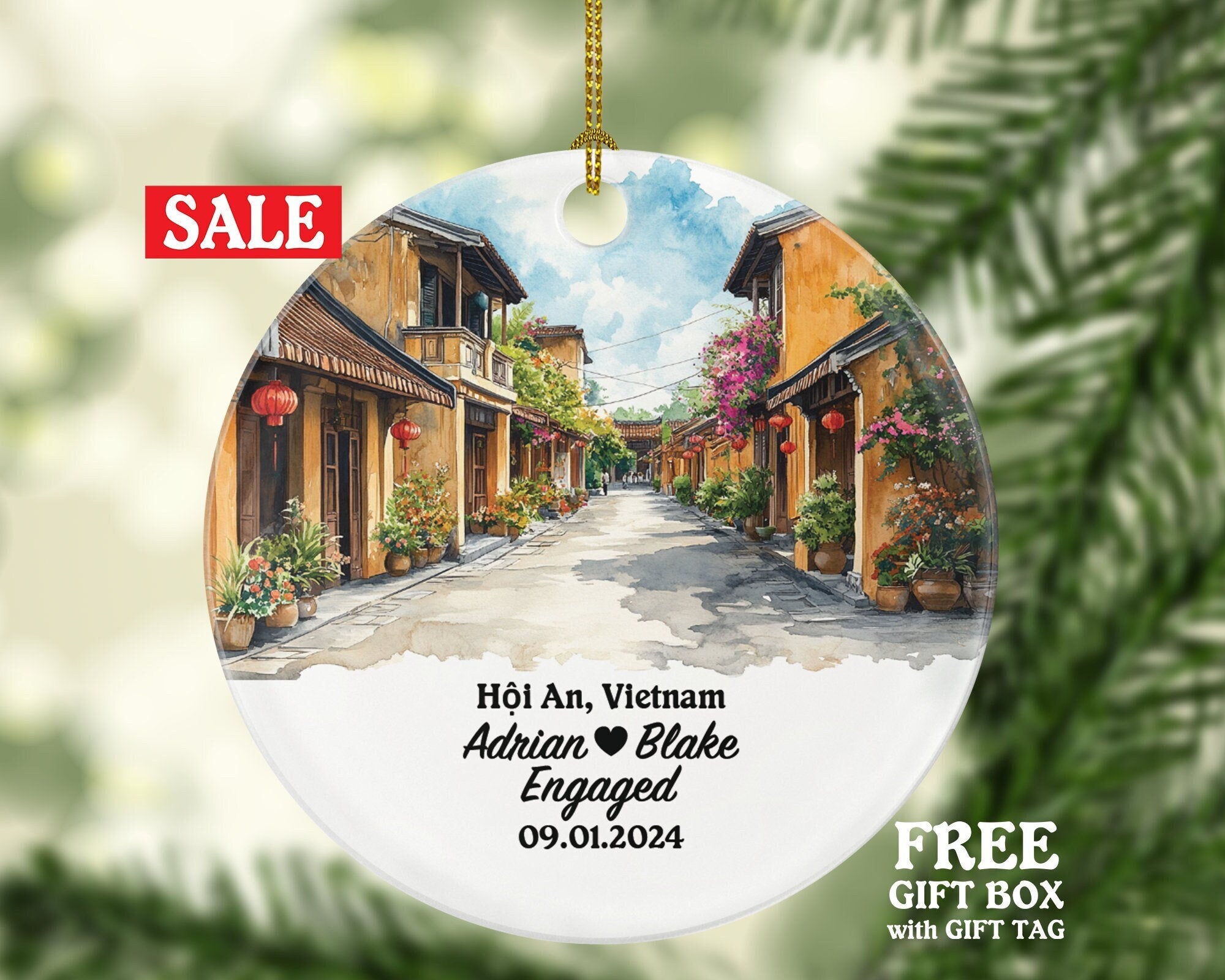 Hội An Christmas Ornament Personalized - Vietnam Engaged Married Family Together Couple Travel Honeymoon Engagement Marriage