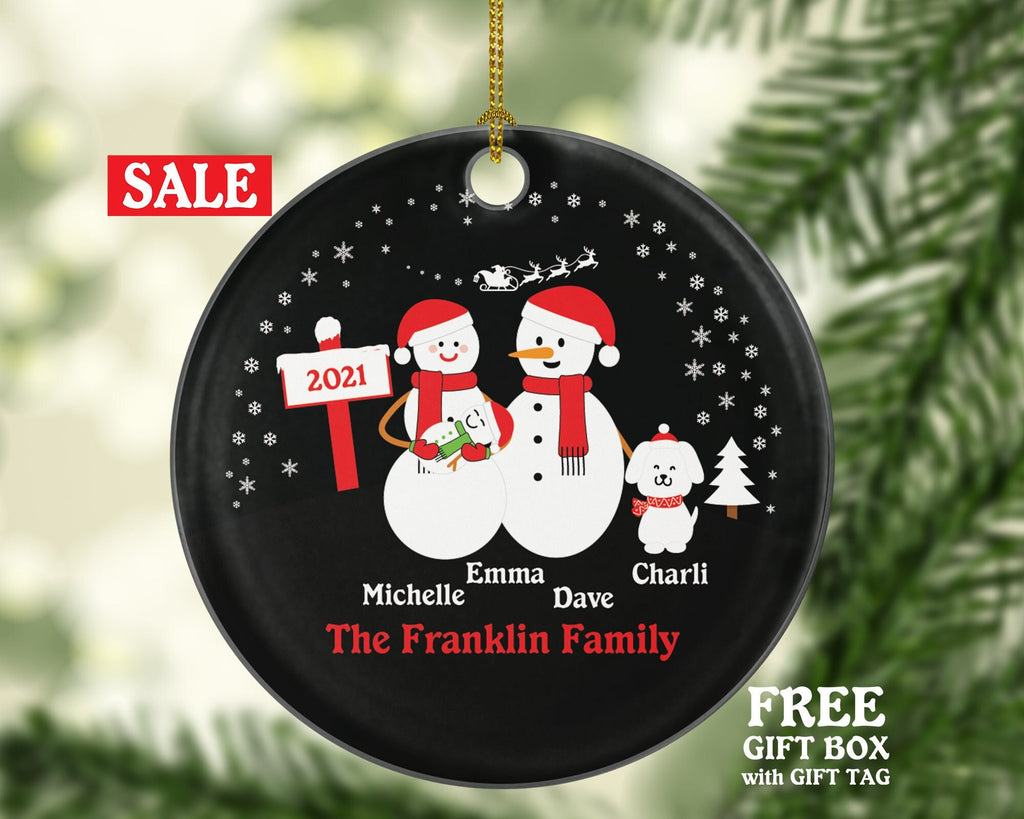 Personalized Family of 3 Ornaments with Dog Pet, Personalized Christmas Ornament, 3 snowmen, Snowman Family, Family of 3, Newborn