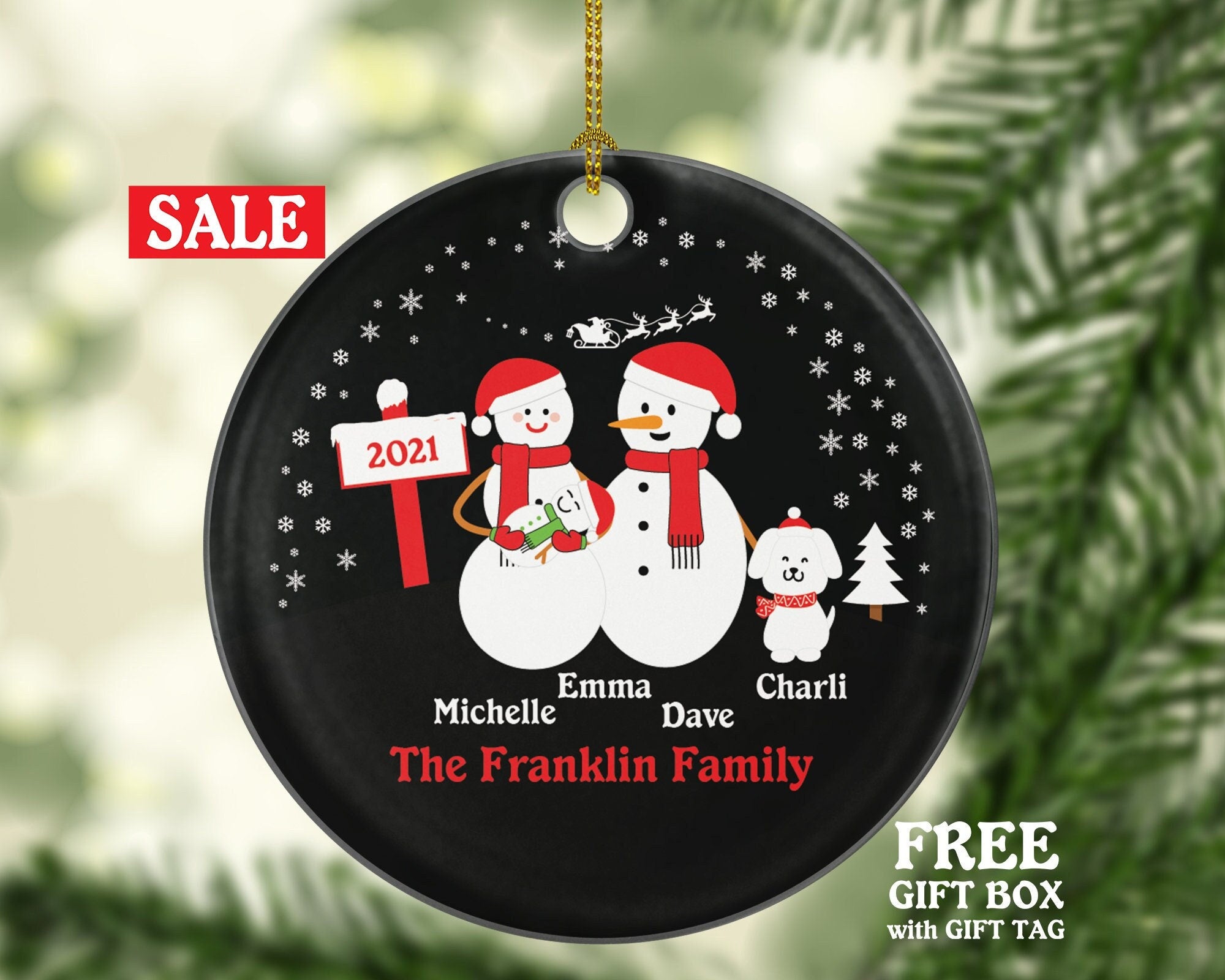 Personalized Family of 3 Ornaments with Dog Pet, Personalized Christmas Ornament, 3 snowmen, Snowman Family, Family of 3, Newborn