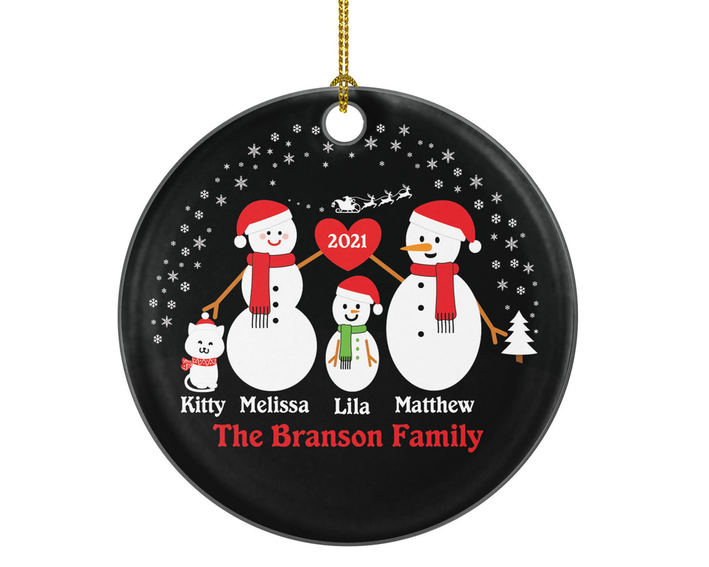 Personalized Family of 3 Ornaments with Cat Pet, Personalized Christmas Ornament, 3 snowmen, Snowman Family Ornament, Family of 3 Ornament