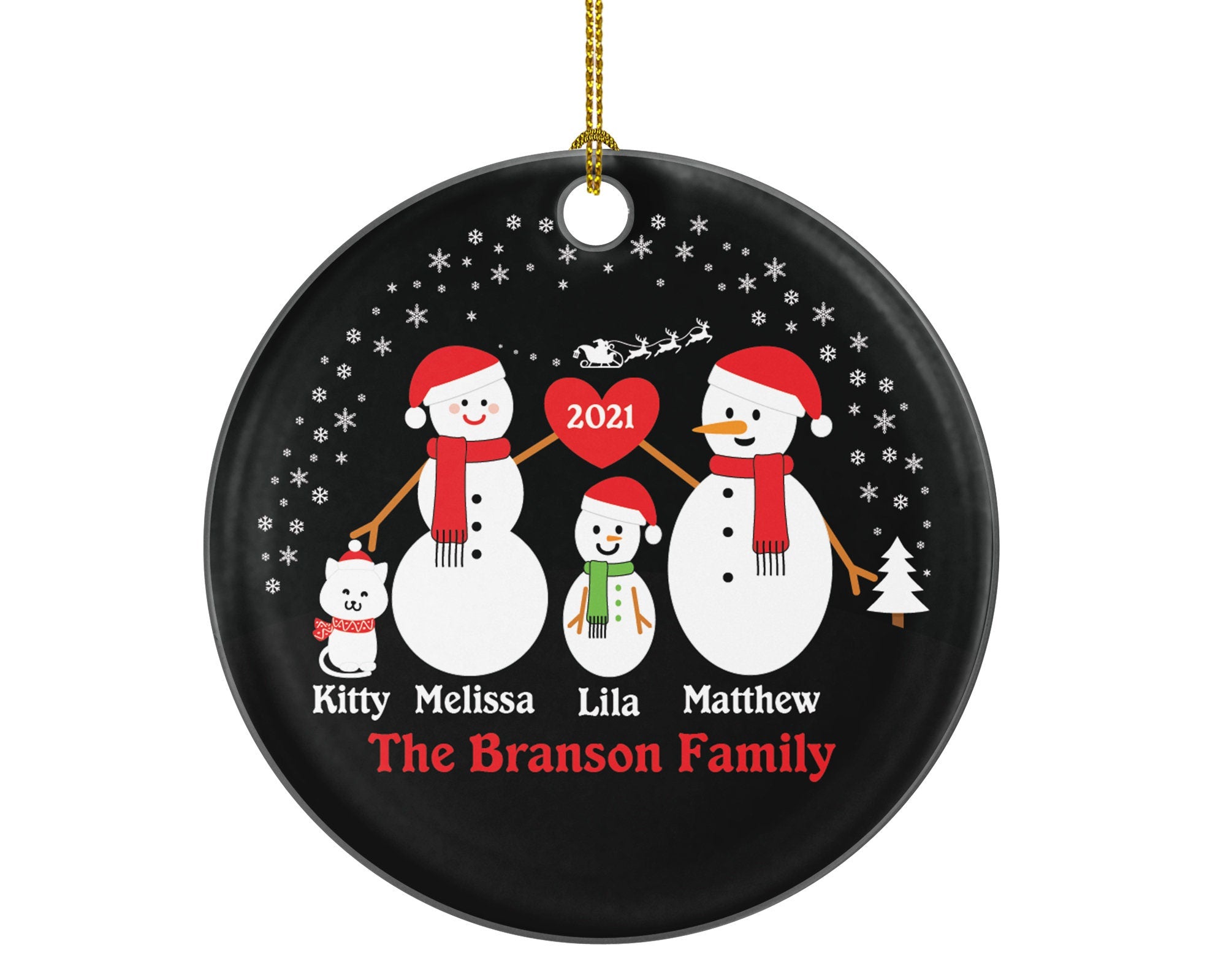 Personalized Family of 3 Ornaments with Cat Pet, Personalized Christmas Ornament, 3 snowmen, Snowman Family Ornament, Family of 3 Ornament