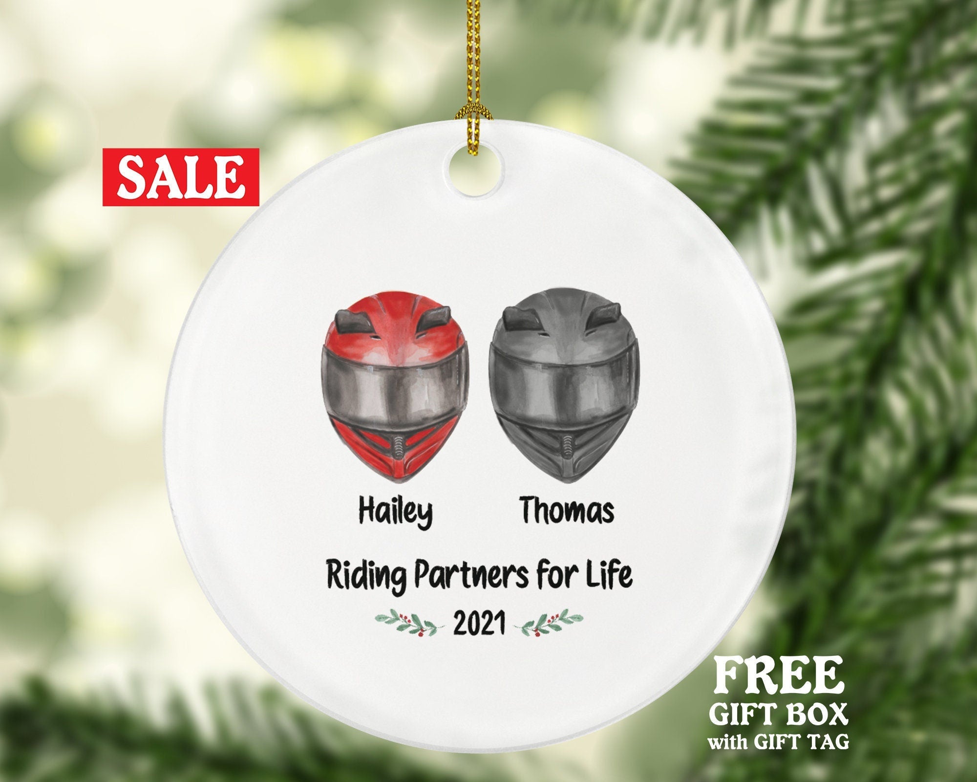 Motorcycle Dirt Bike Rider Helmet Christmas Ornament for a Couple - Custom Gift for Bikers Racer Motocross Racing Personalized