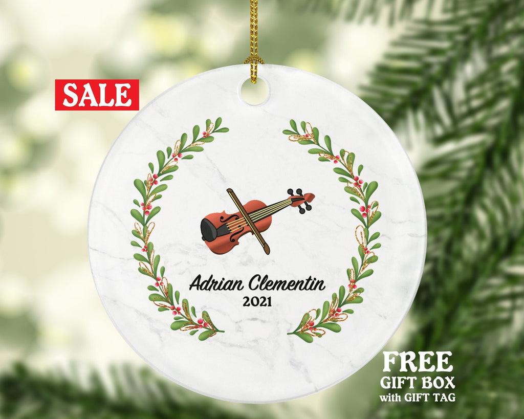 Violin Christmas Ornament Personalized - Musical Instrument Playing Violin Gift for Violinist - Custom Name Year