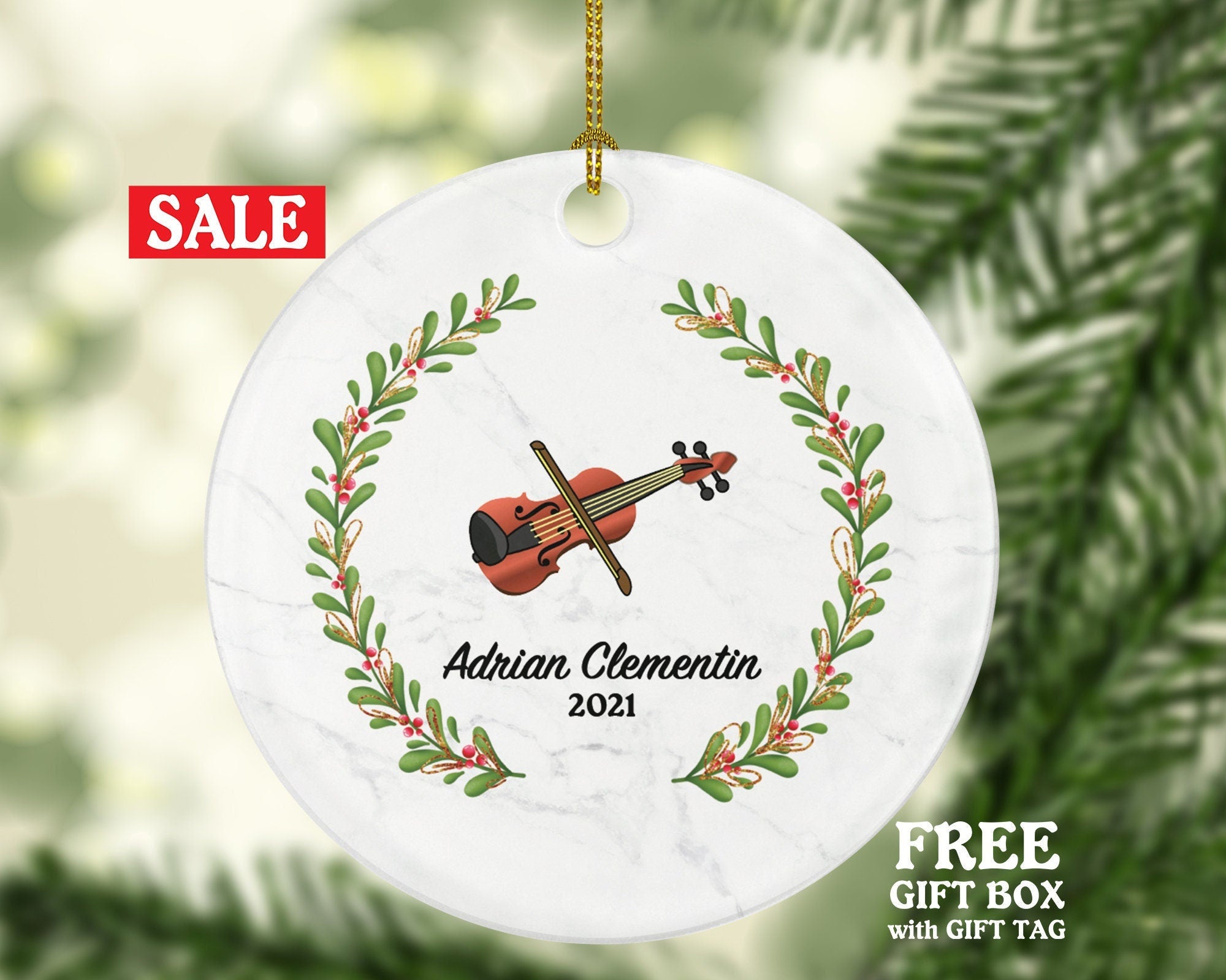 Violin Christmas Ornament Personalized - Musical Instrument Playing Violin Gift for Violinist - Custom Name Year