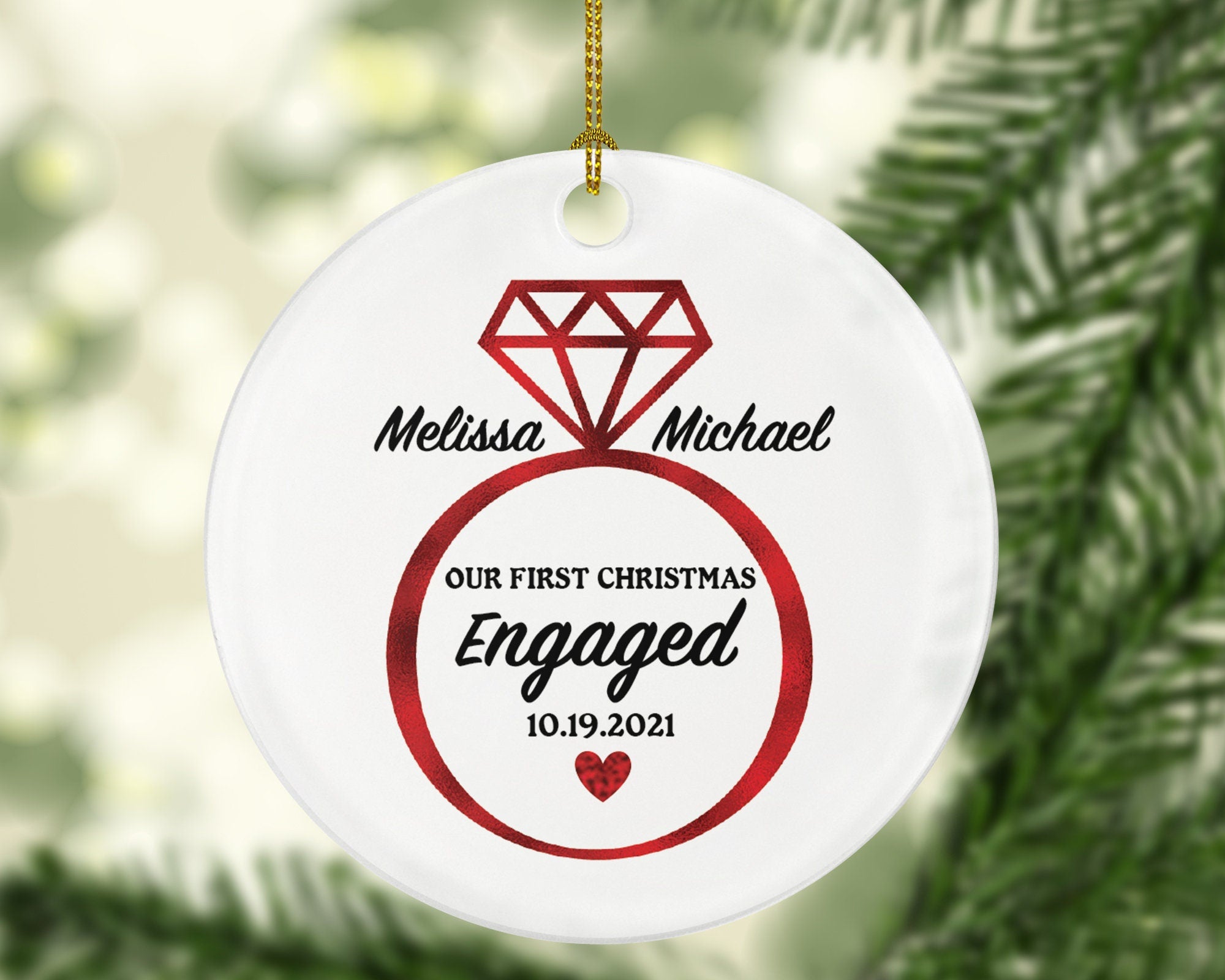 First Christmas Engaged Engagement Ring Personalized Ornament - Engagement Announcement Couple Gift - Custom Date Name - Diamond