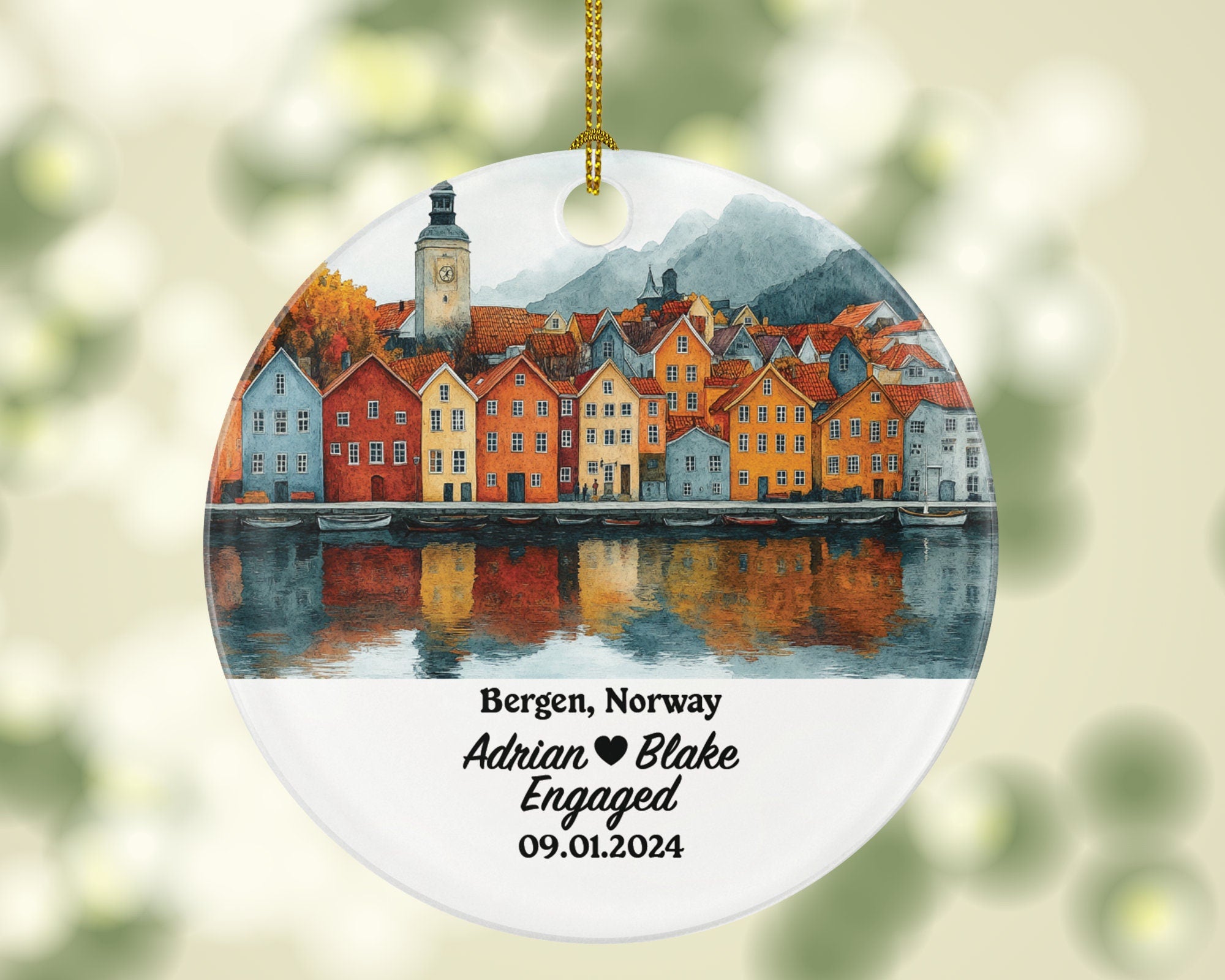 Bergen Christmas Ornament Personalized - Norway Engaged Married Family Together Couple Travel Honeymoon Engagement Marriage