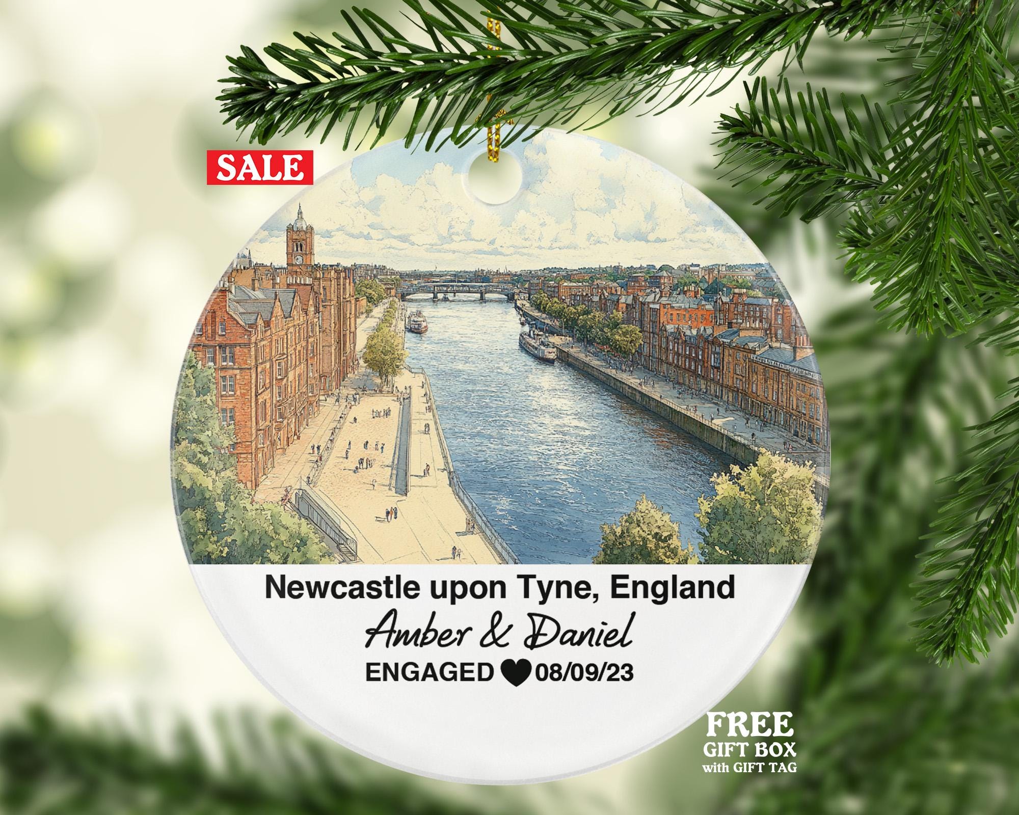 Newcastle upon Tyne England Christmas Ornament – Personalized United Kingdom Keepsake, Custom Couple Gift for Wedding or Honeymoon