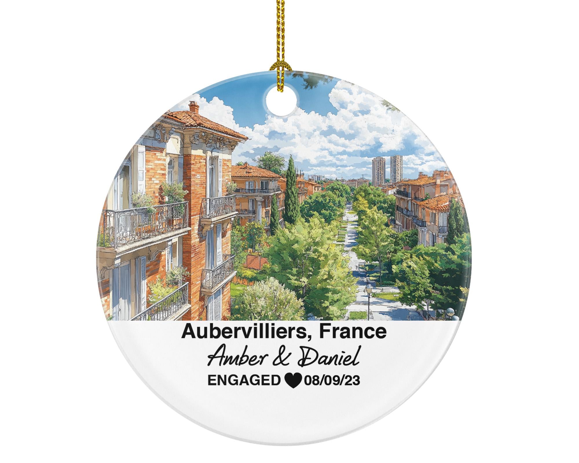 Personalized Aubervilliers France Christmas Ornament, Canal Saint-Denis, Mr & Mrs Wedding, Engagement, or Honeymoon Keepsake for Couples