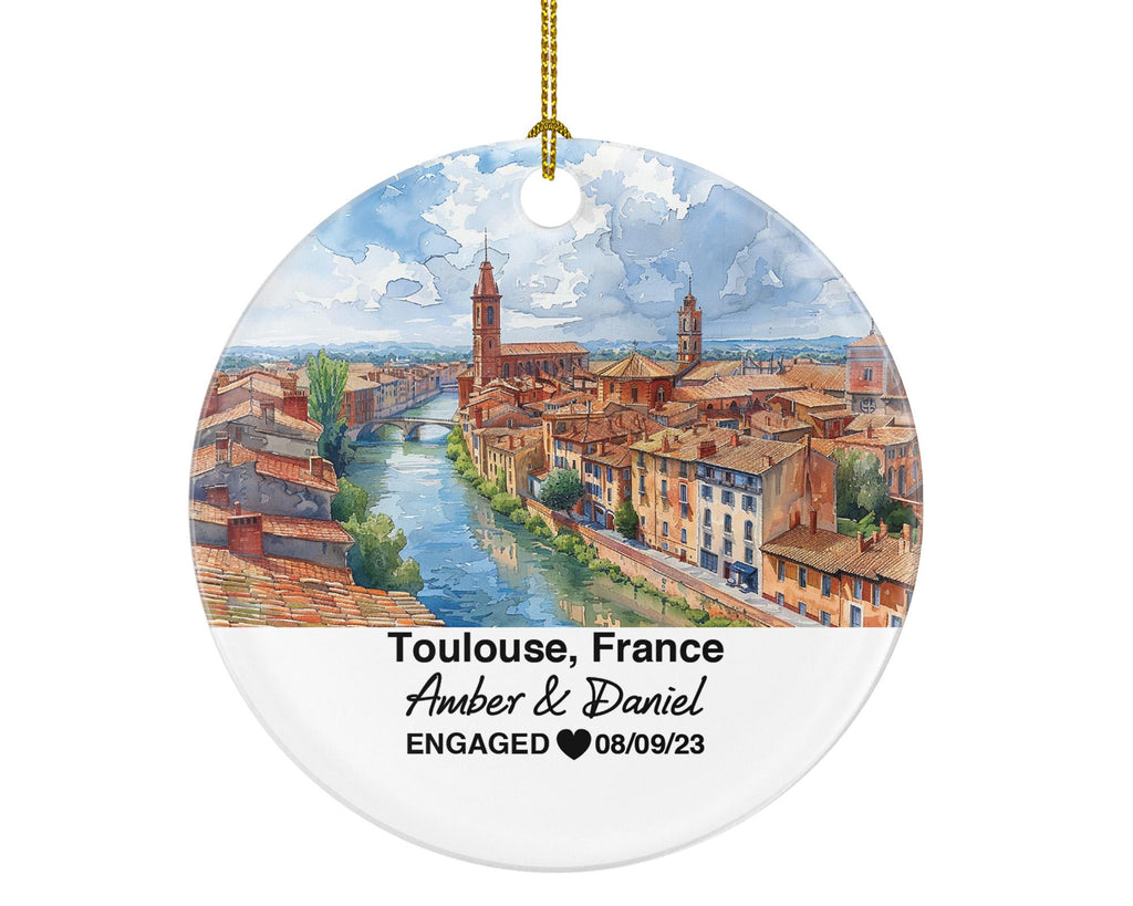 Personalized Toulouse France Round Ceramic Christmas Ornament – Personalized Holiday Keepsake, Custom Couple Gift for Wedding or Honeymoon