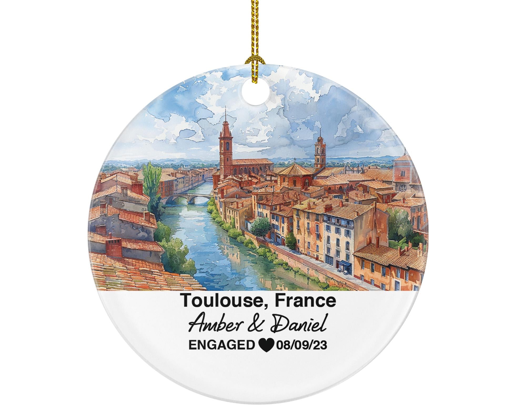 Personalized Toulouse France Round Ceramic Christmas Ornament – Personalized Holiday Keepsake, Custom Couple Gift for Wedding or Honeymoon