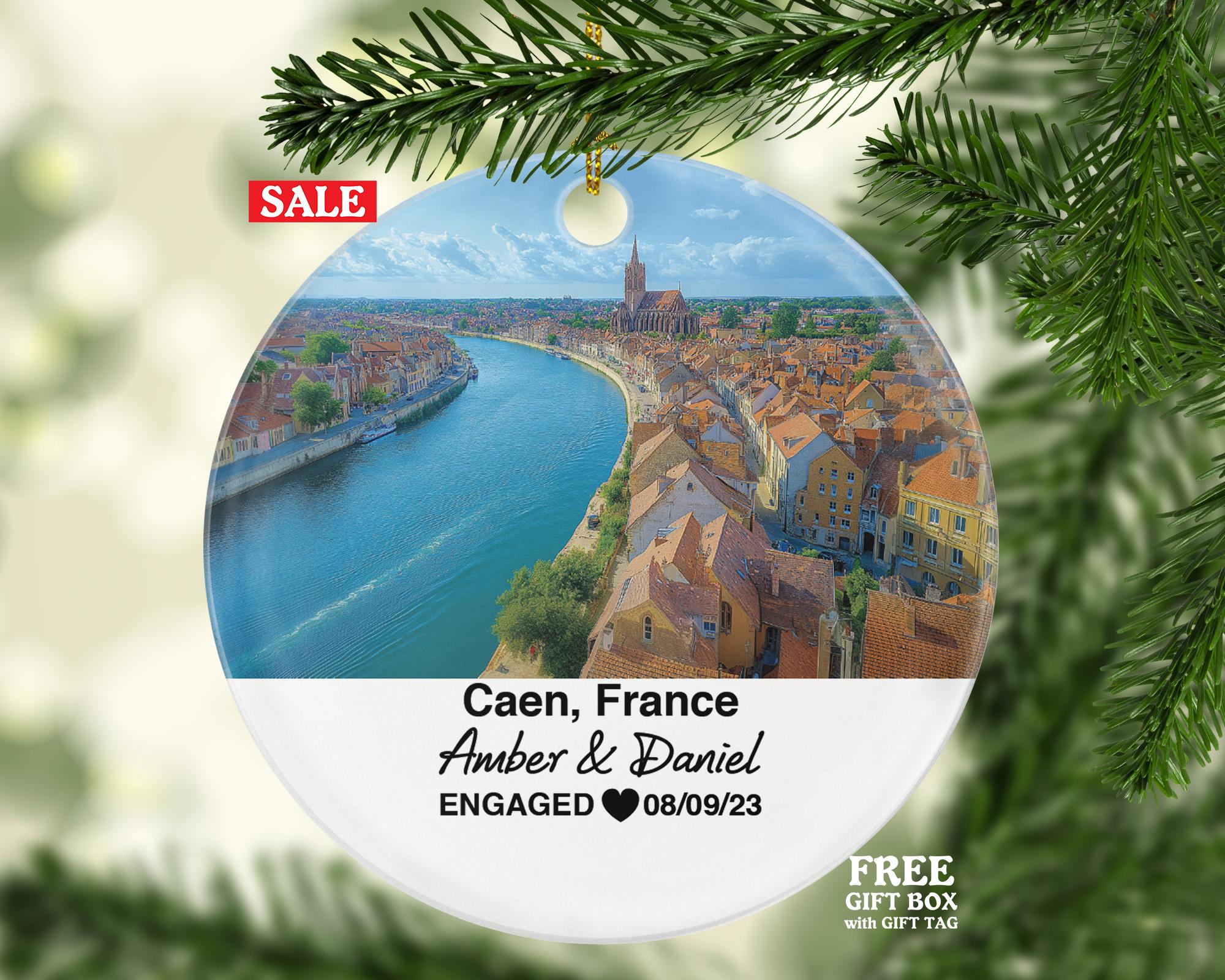 Personalized Caen France Christmas Ornament, Château de Caen, Mr & Mrs Wedding, Engagement, or Honeymoon Keepsake for Couples
