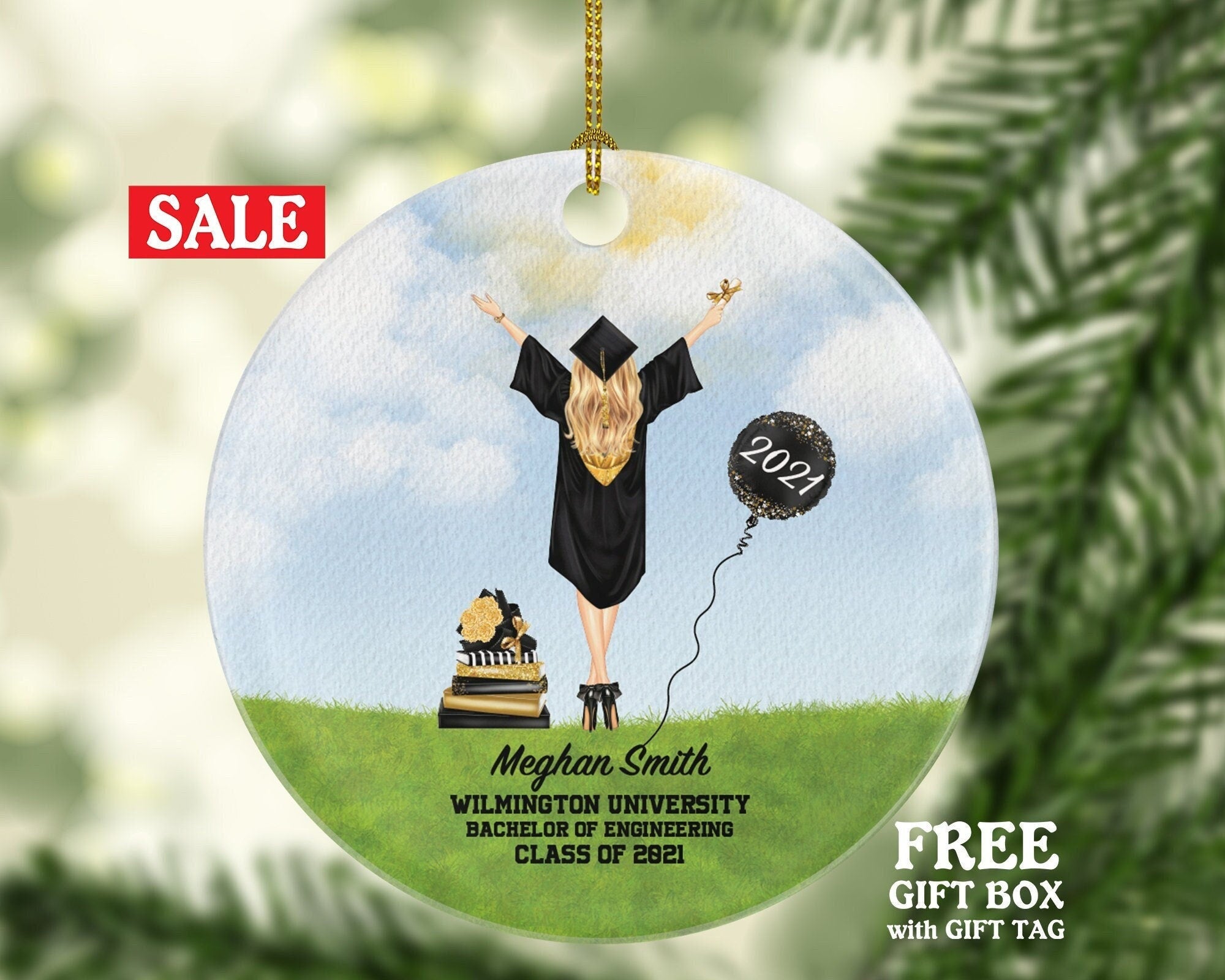 Personalized Graduation Female Christmas Ornament - Class of Custom Gift for Graduate Masters Bachelor Doctorate College High School Degree