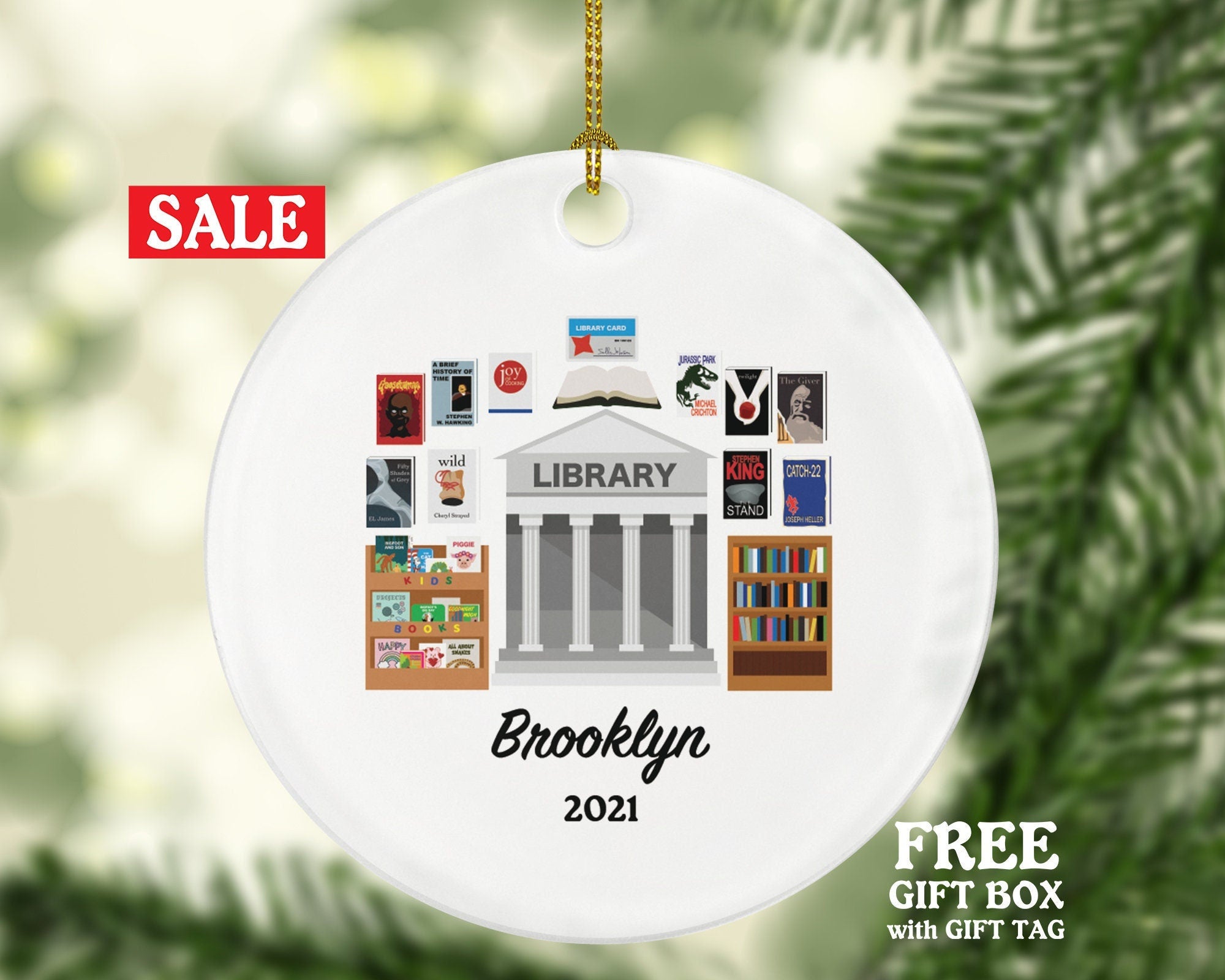 Librarian Christmas Ornament Personalized, Library Worker Bookworm Gift Custom Name